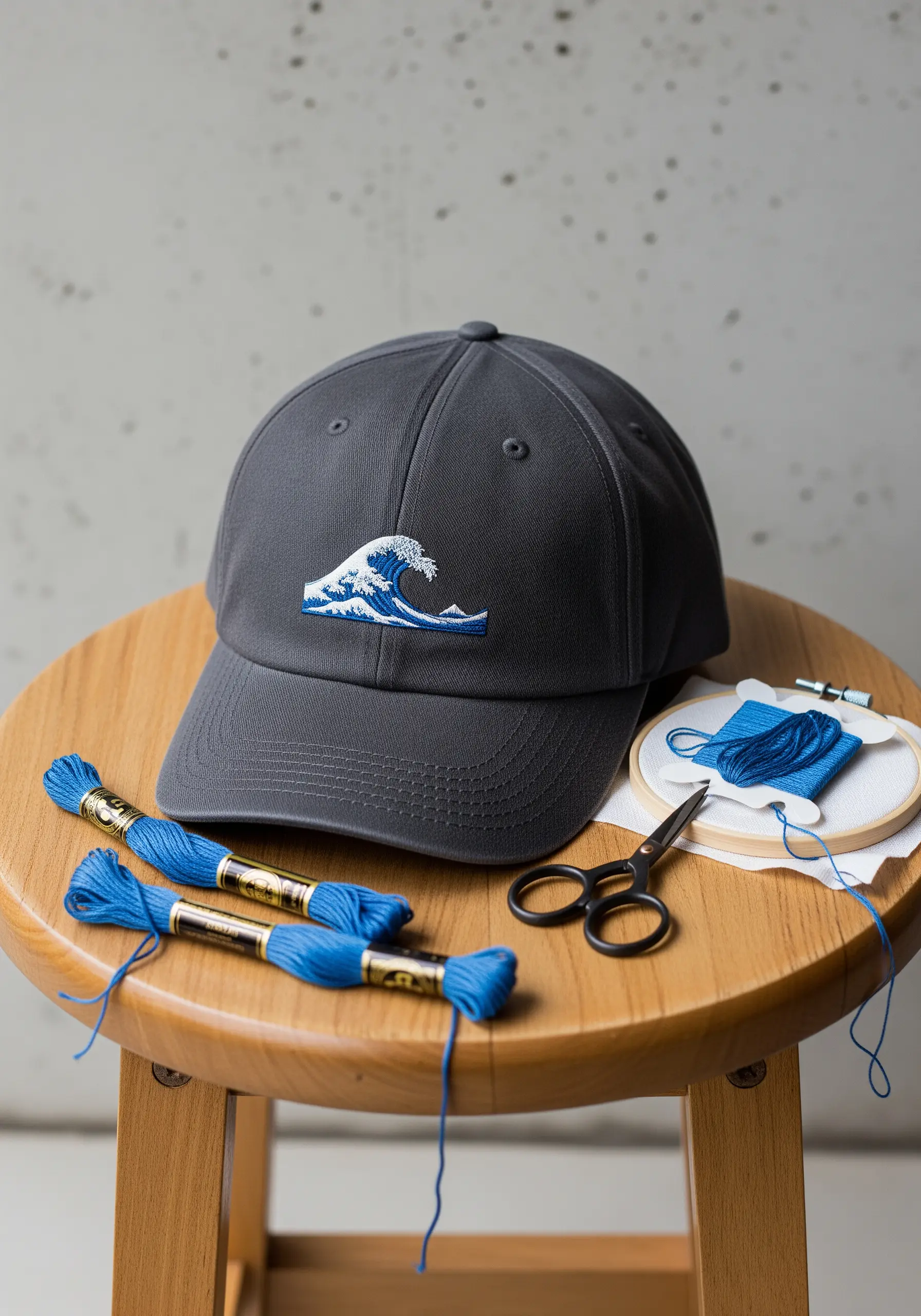 A small embroidered wave design on the front of a gray baseball cap.
