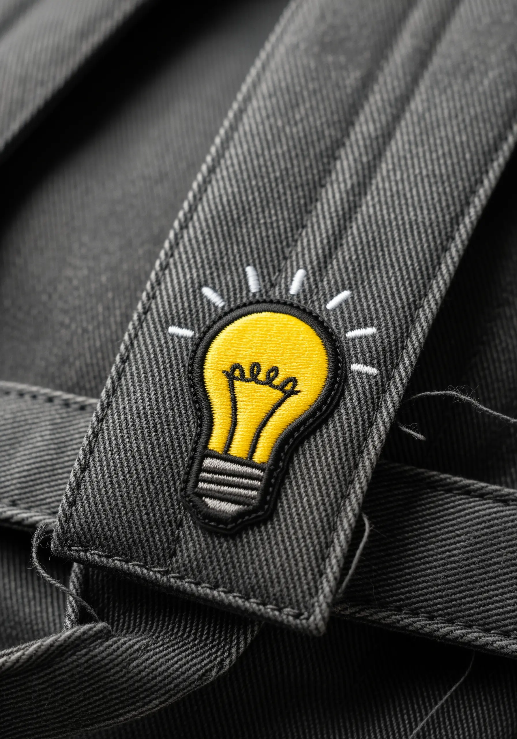A small, bright yellow lightbulb patch embroidered on the strap of a grey denim backpack.