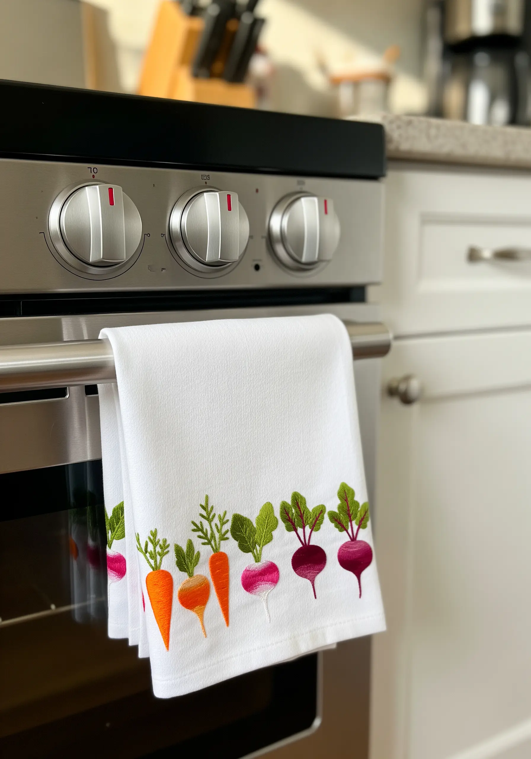 A white kitchen towel with an embroidered border of colorful root vegetables like carrots and beets.