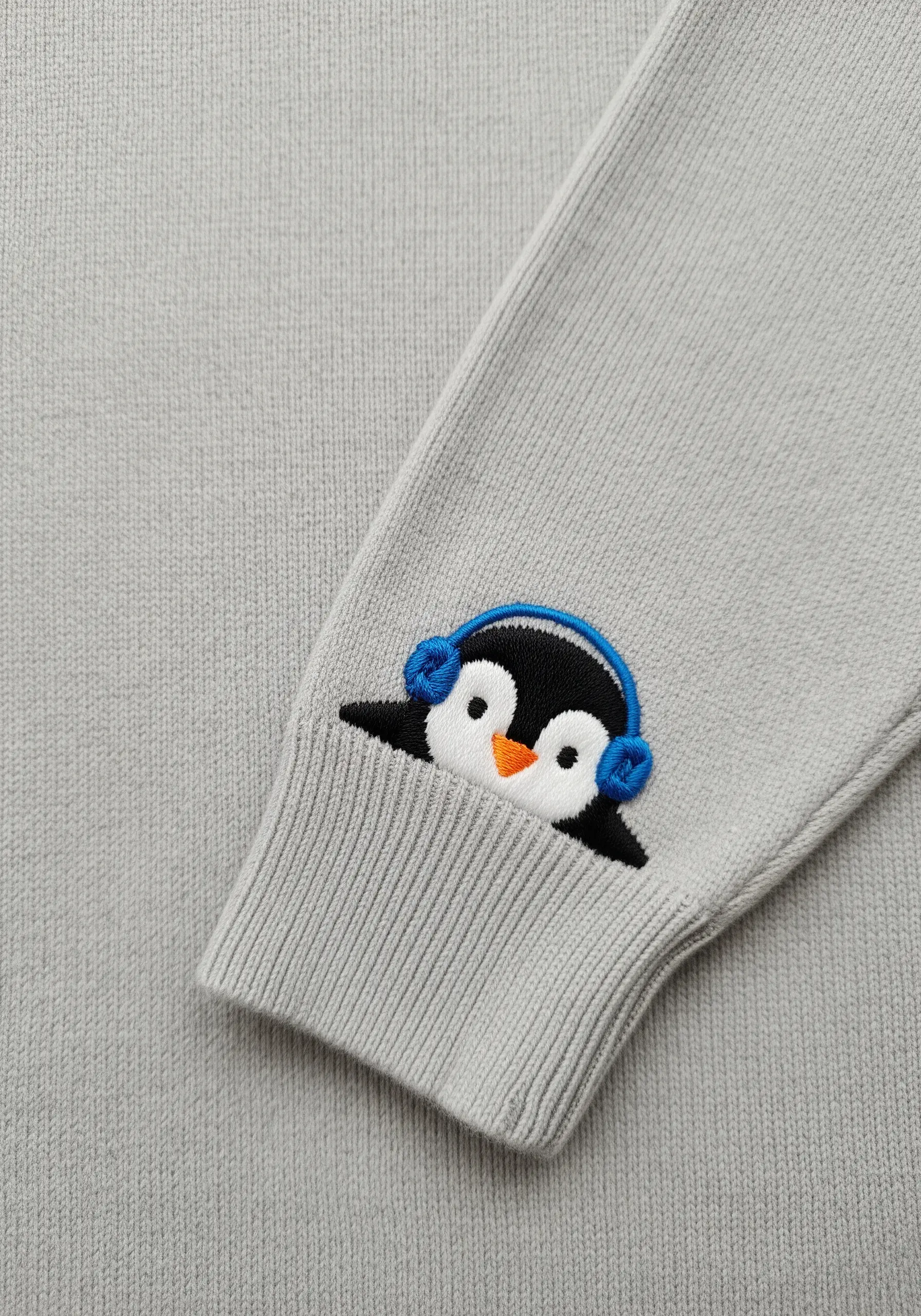 A small, cute penguin with headphones embroidered on the cuff of a grey sweater sleeve.