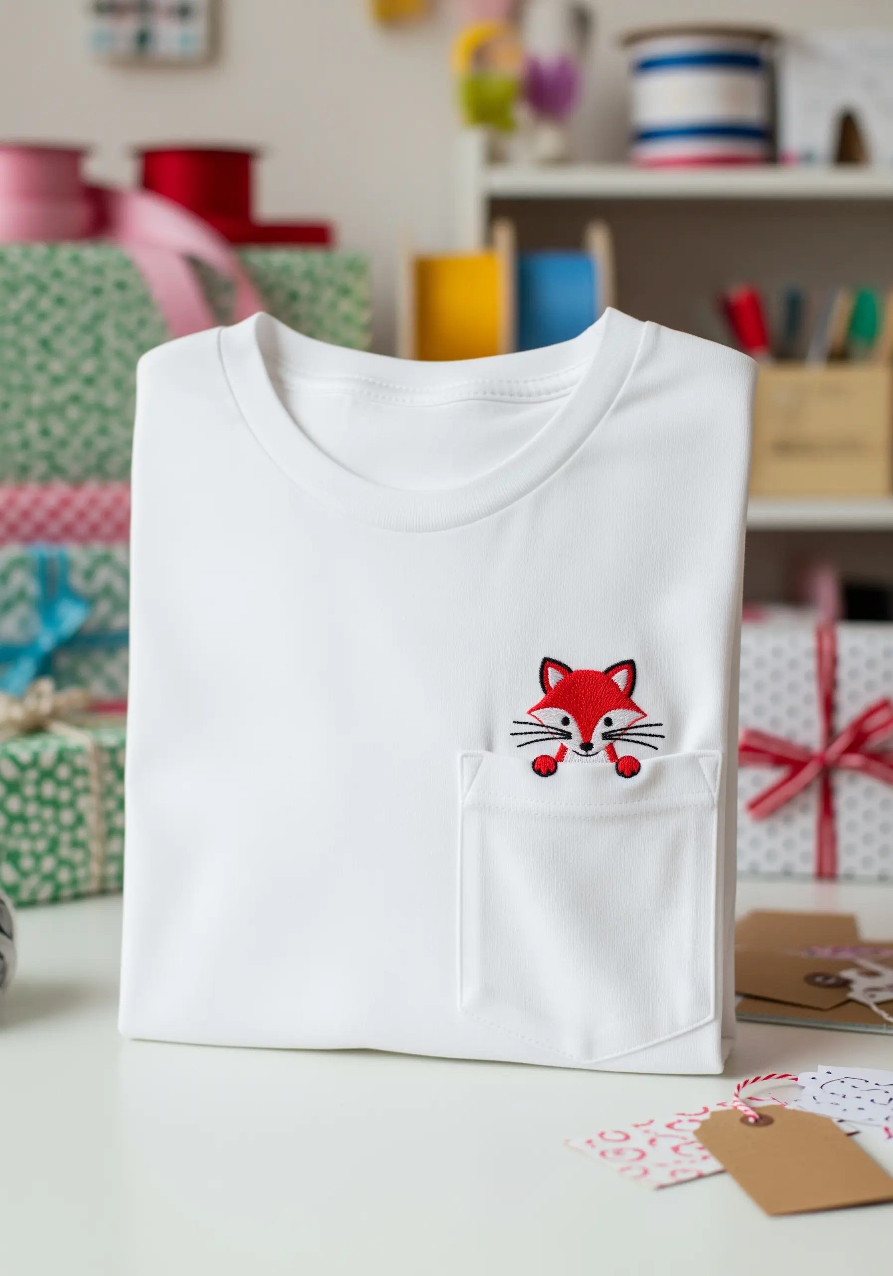 A small, cute embroidered fox peeking out from the pocket of a folded white t-shirt.