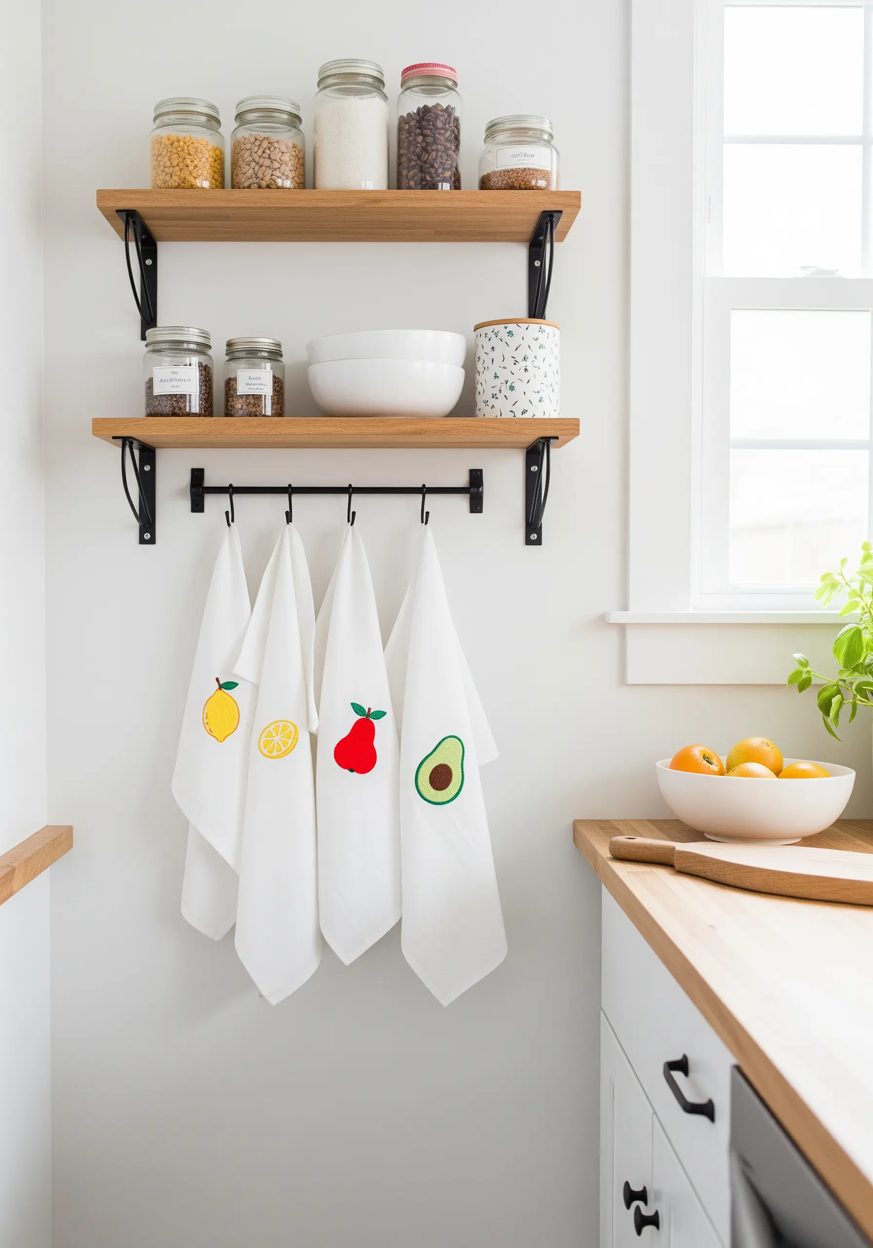 White kitchen towels with simple, colorful embroidered motifs of a lemon, pear, and avocado.