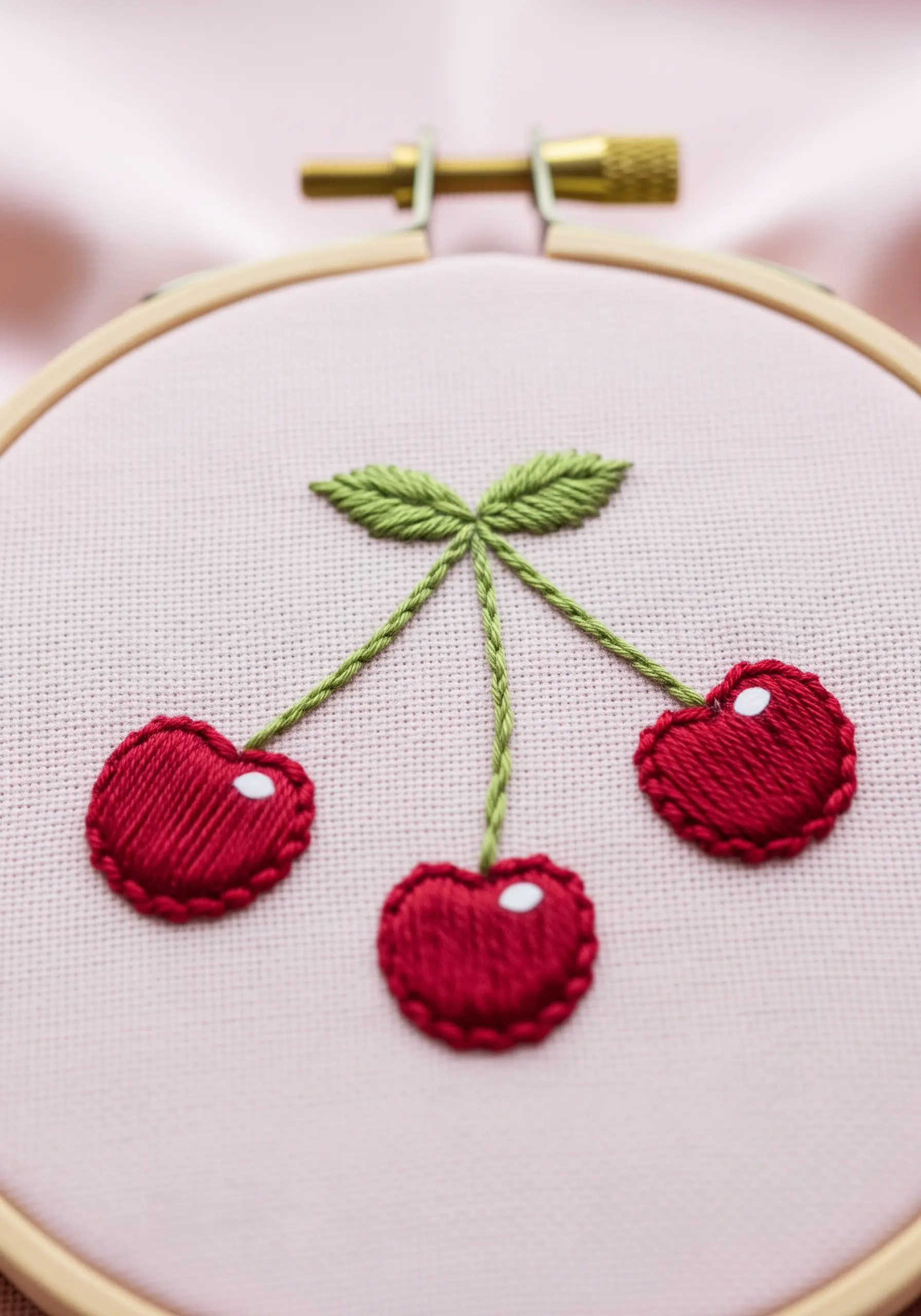 Three bright red cherries with a tiny white stitch on each to create a highlight.