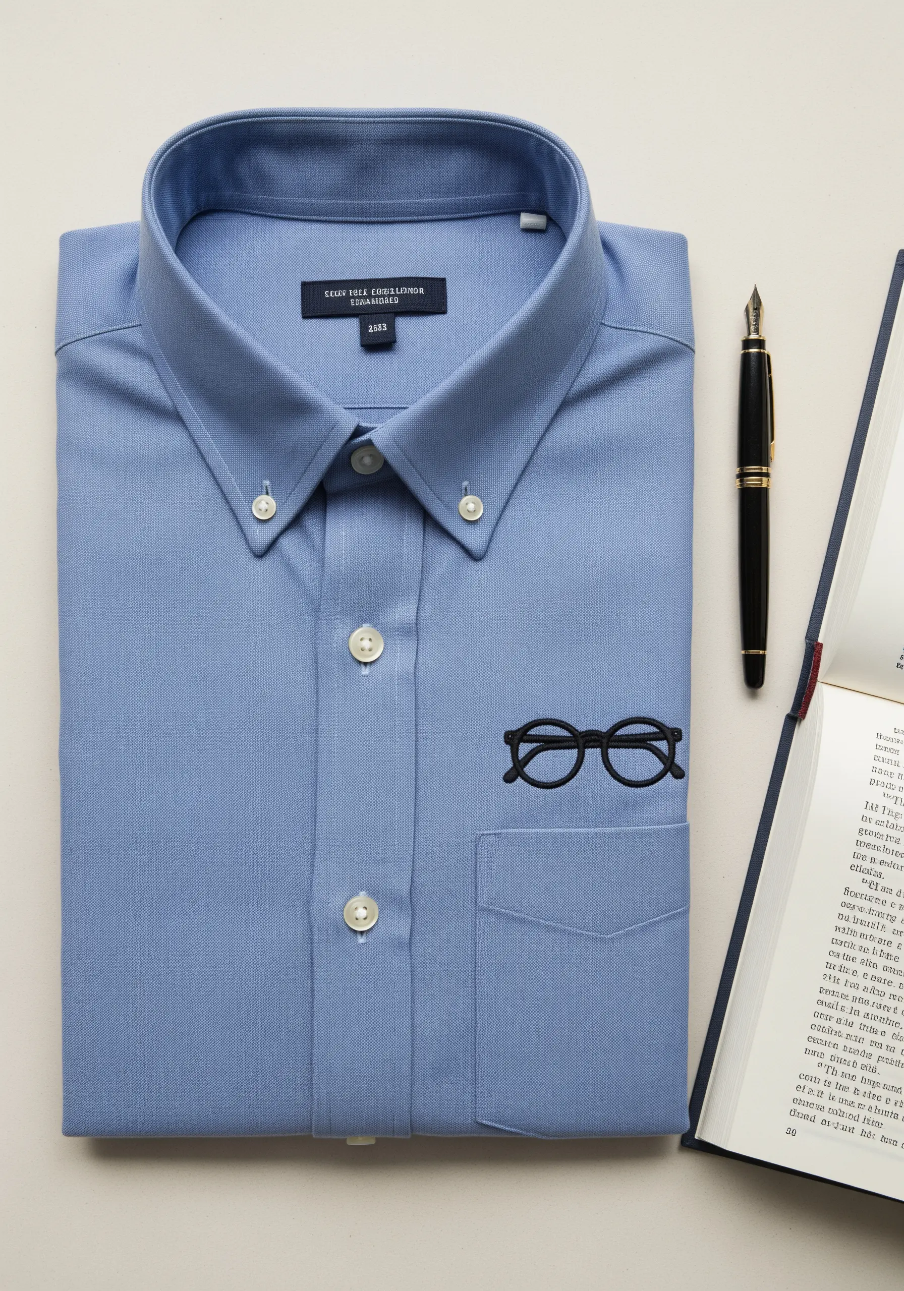 A pair of black-rimmed glasses embroidered just above the pocket of a blue dress shirt.