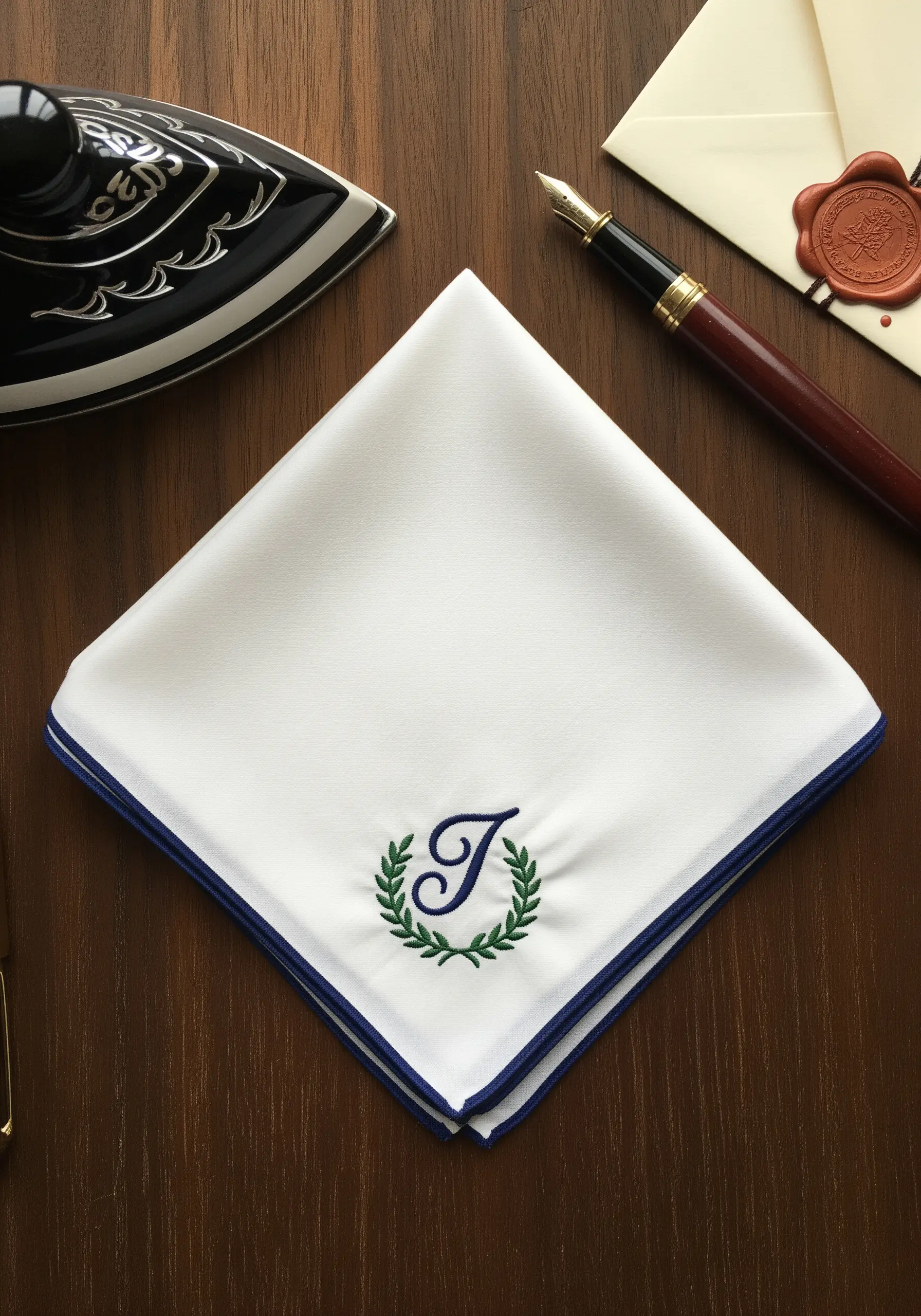 A classic monogram 'T' surrounded by a laurel wreath stitched in green on a white handkerchief.