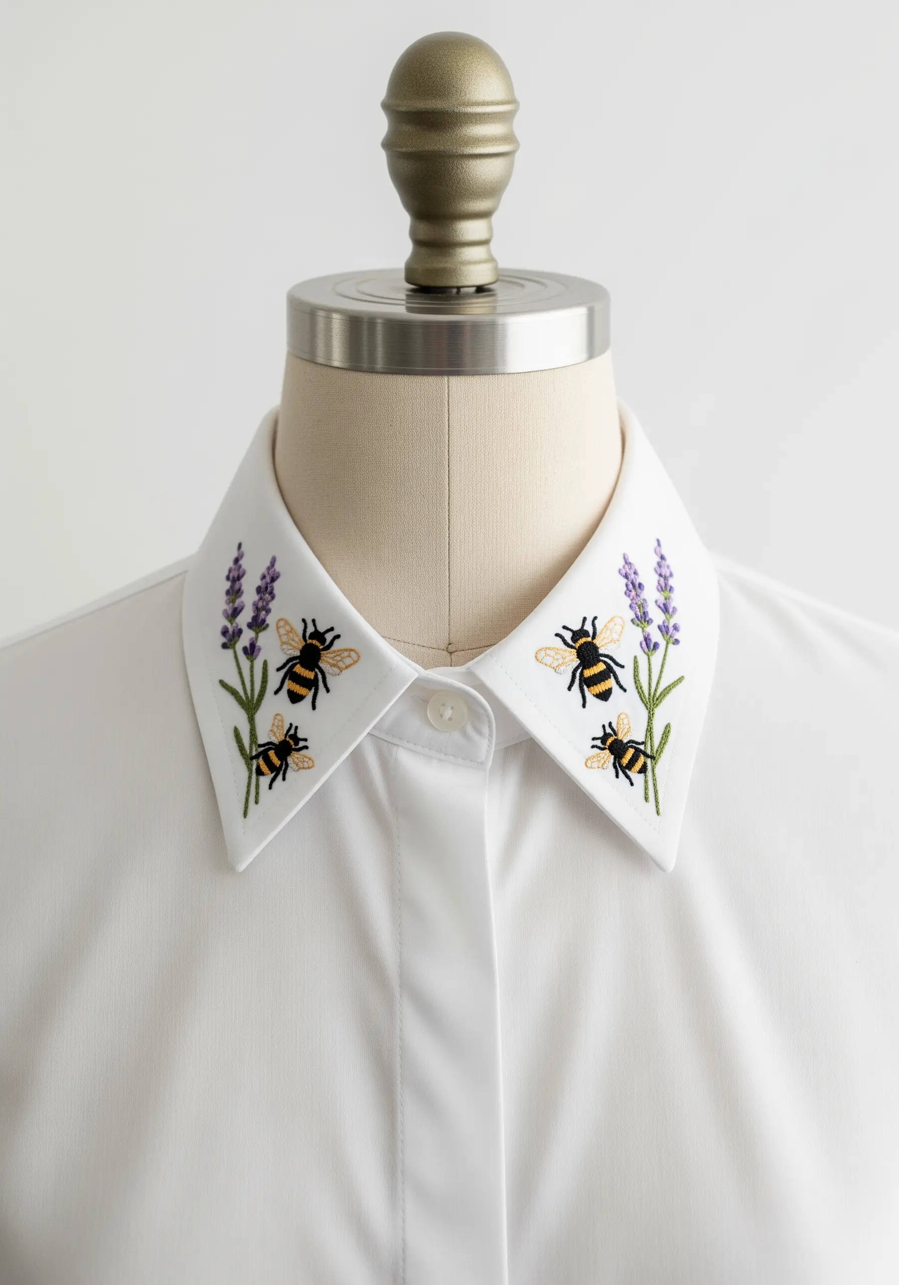 The collar of a white button-down shirt embroidered with symmetrical bee and lavender motifs.