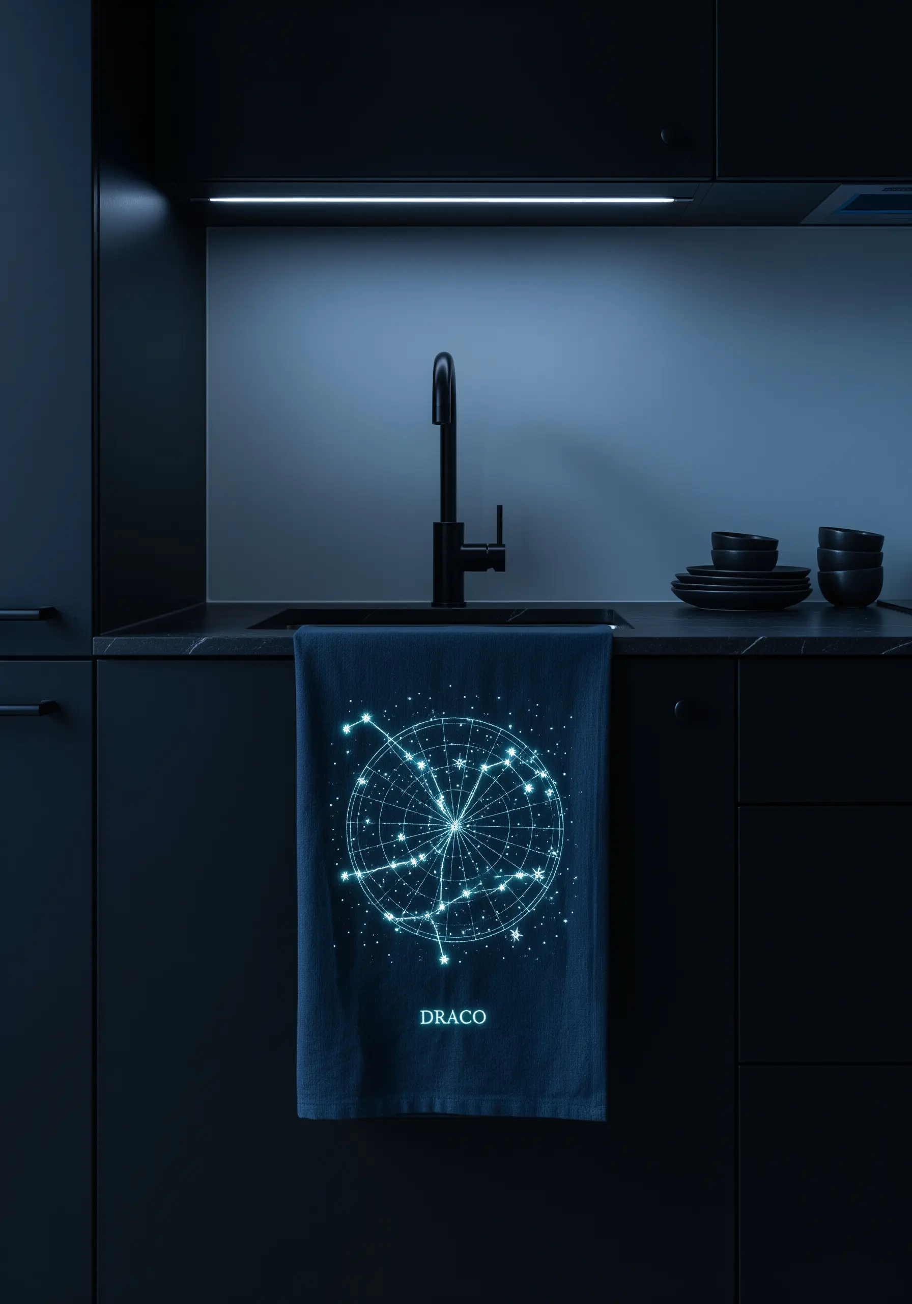 The Draco constellation embroidered in glowing thread on a dark blue kitchen towel.