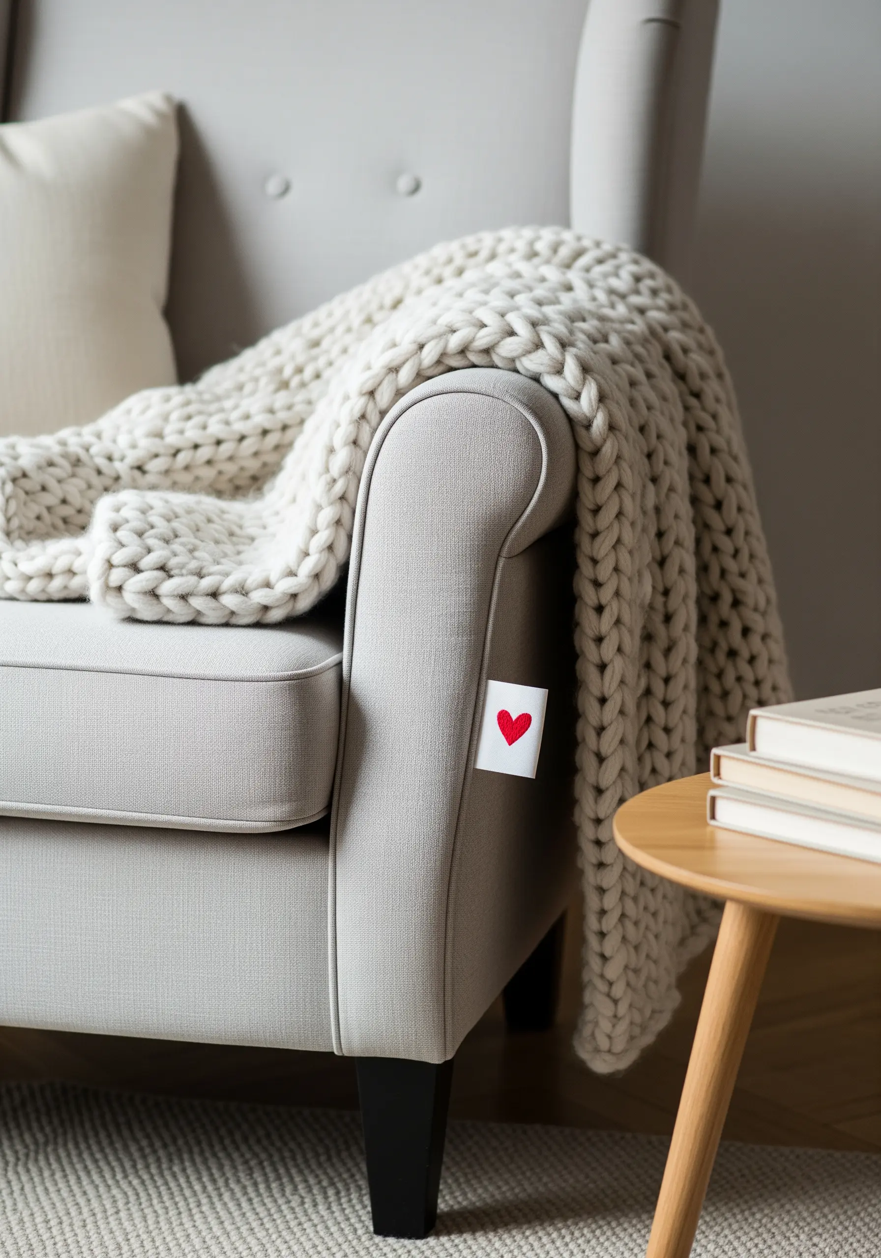 A small white fabric tag with a red embroidered heart tucked into an armchair seam.