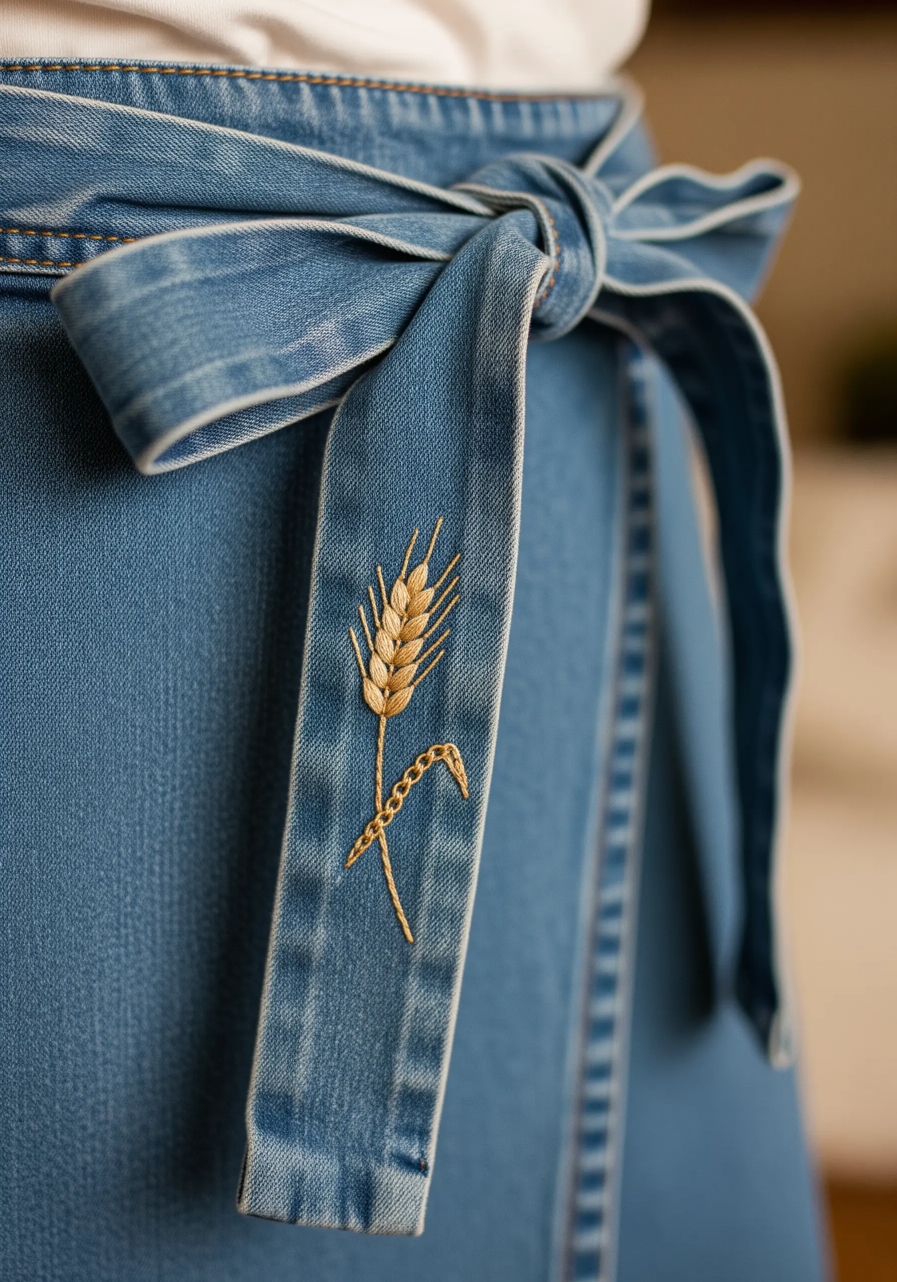 A single stalk of wheat embroidered in shiny gold thread on the tie of a denim skirt.