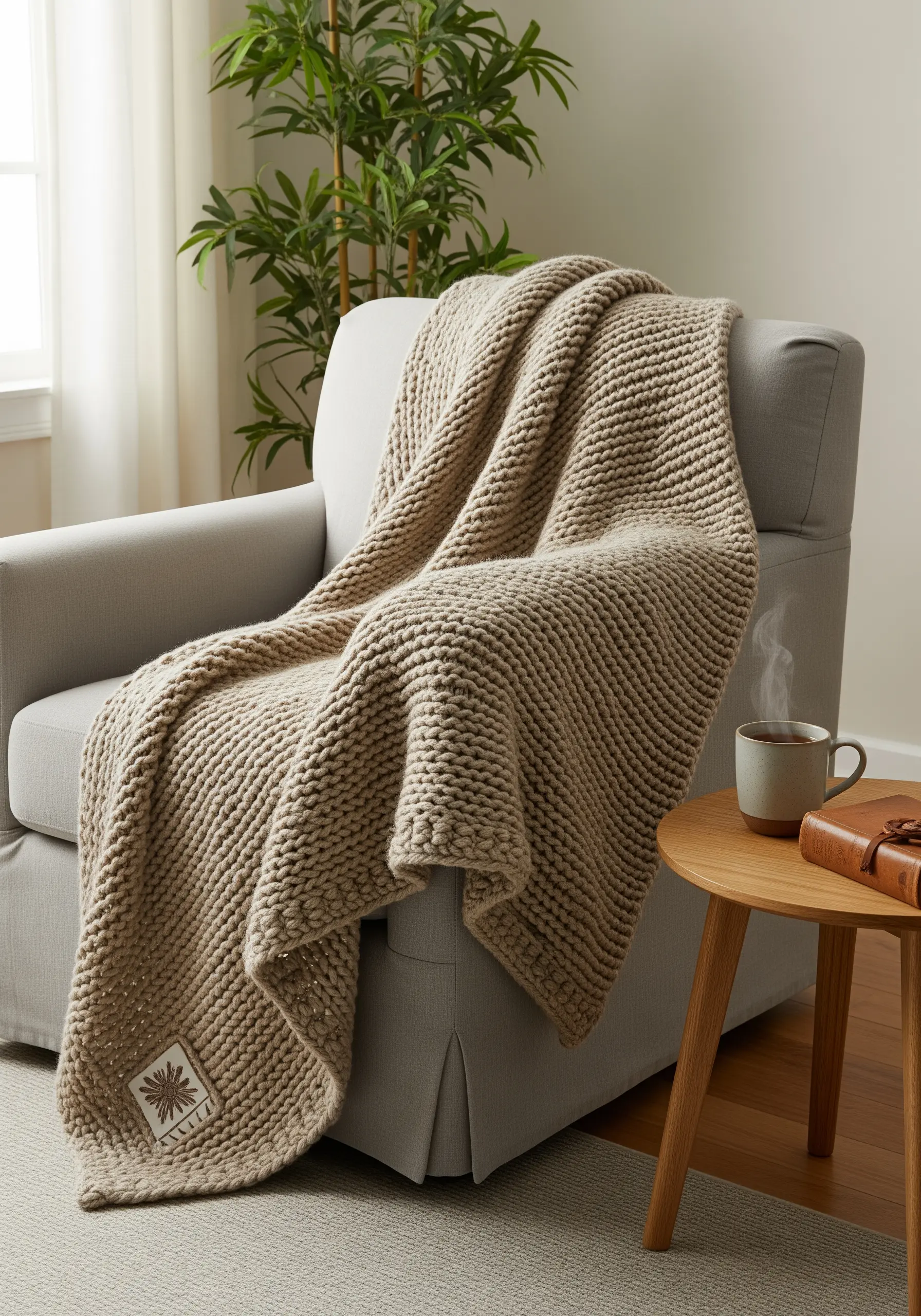 A small square patch with a simple embroidered logo stitched onto a knit blanket.