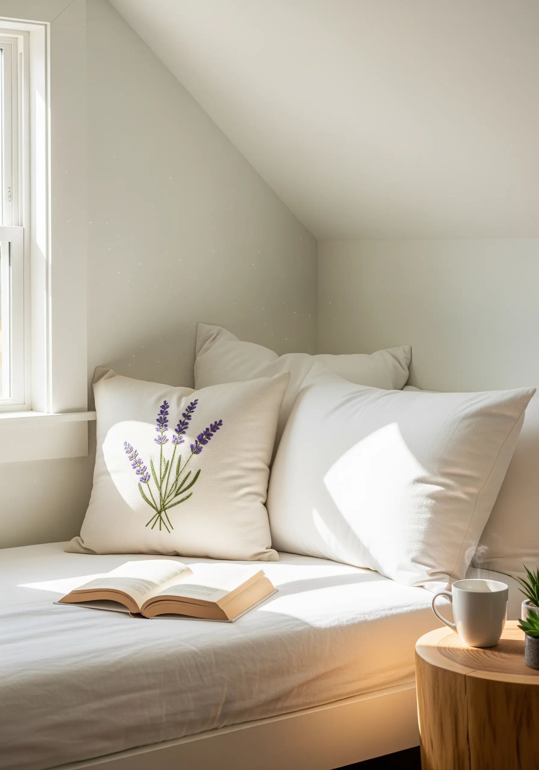 A simple bouquet of lavender embroidered on a white cushion in a sunlit corner.