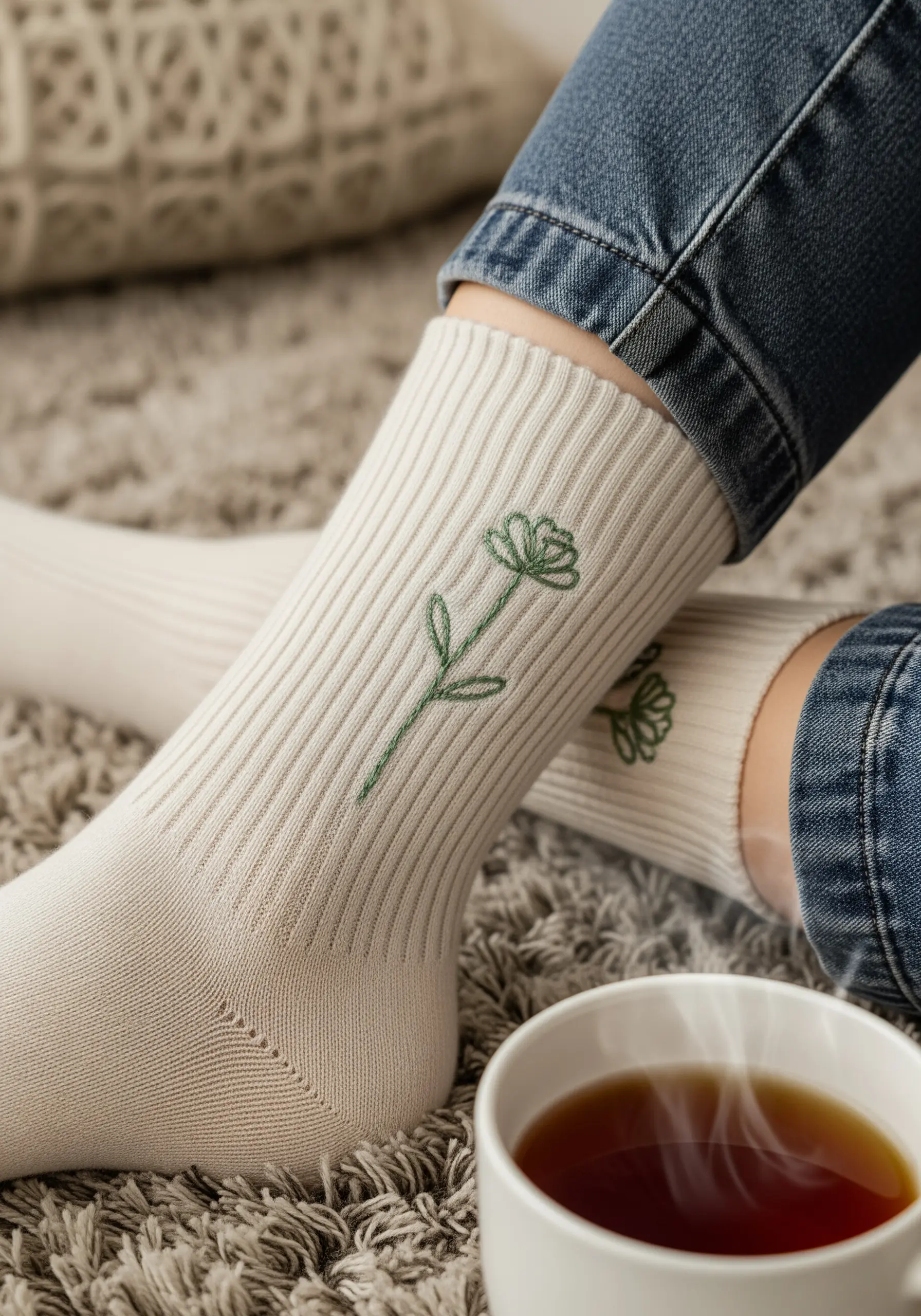 A small green flower embroidered on the side of a ribbed, cream-colored sock.