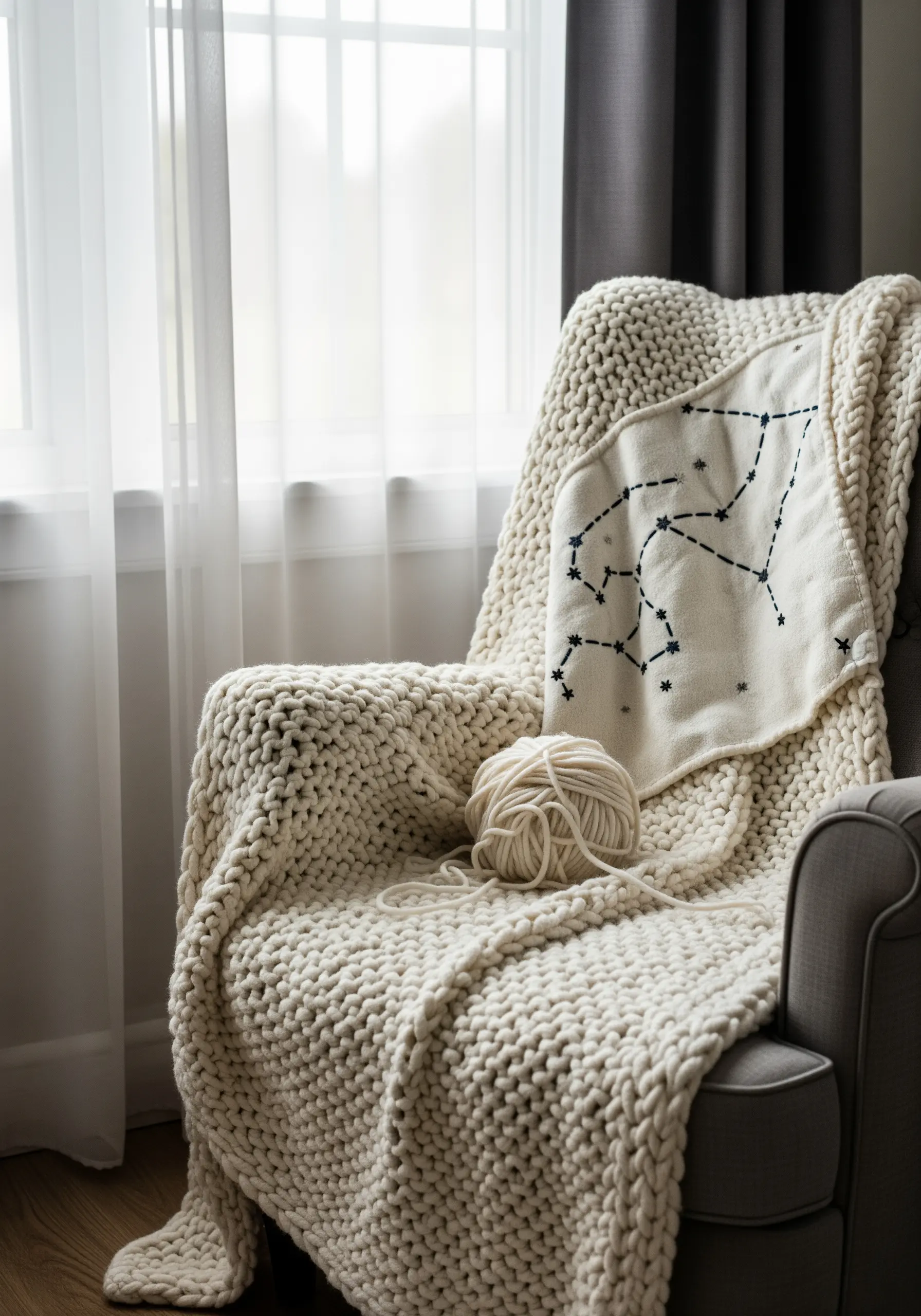A cream-colored throw blanket with a corner patch embroidered with a constellation