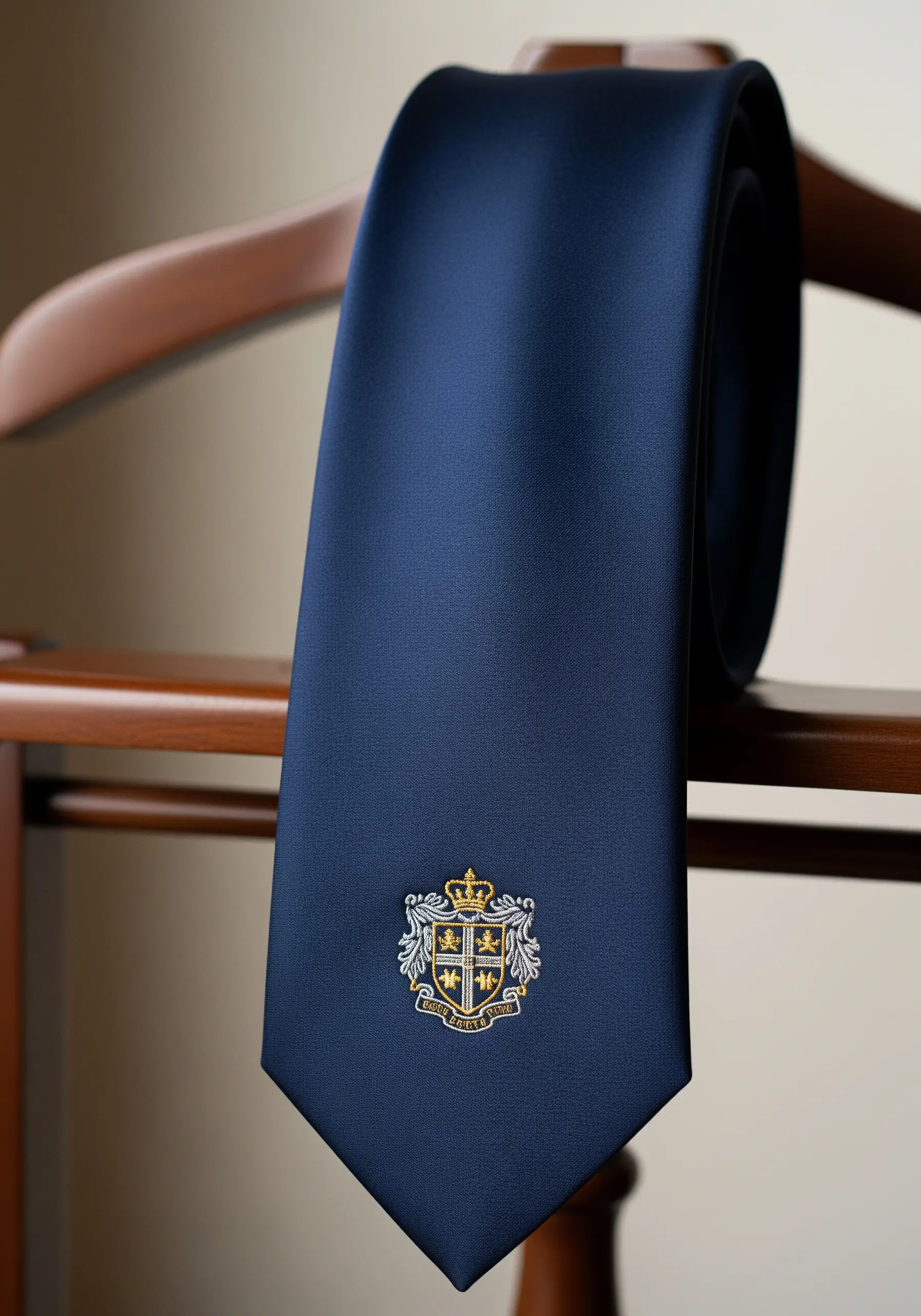 The tip of a navy blue silk tie, subtly embroidered with an elegant gold and silver crest.