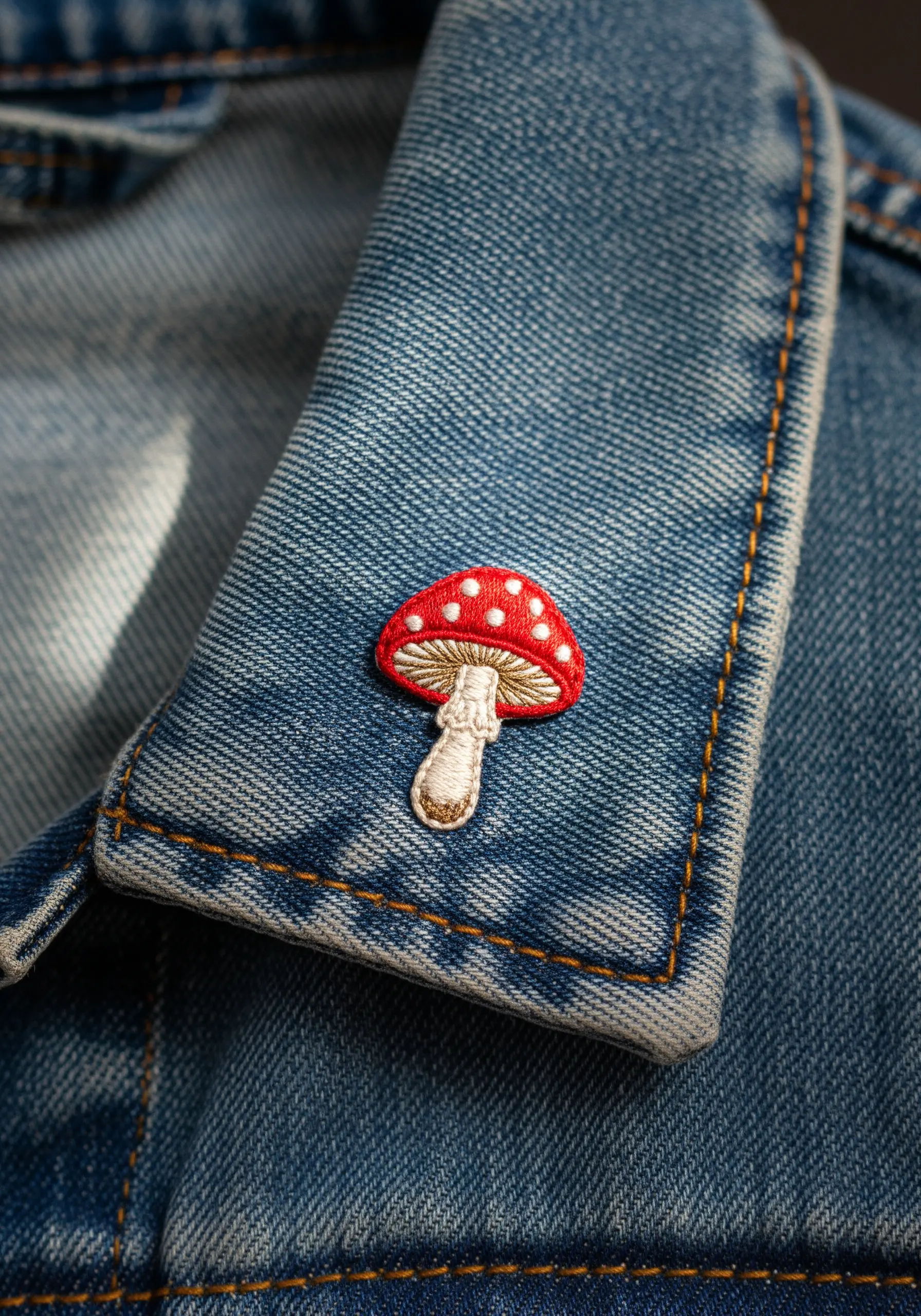A tiny red and white mushroom embroidered on the collar of a denim jacket.