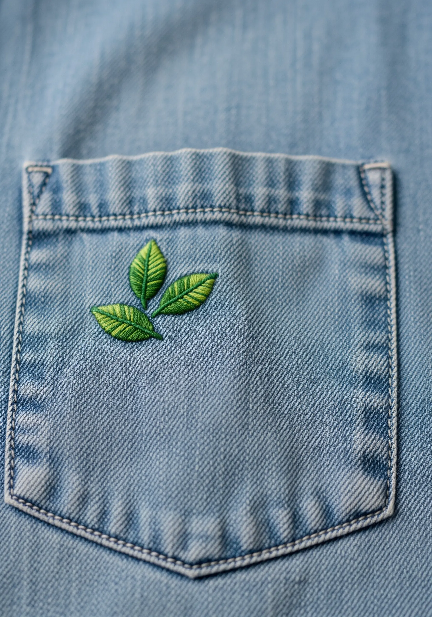 Three small, realistically shaded green leaves embroidered on the corner of a denim pocket.