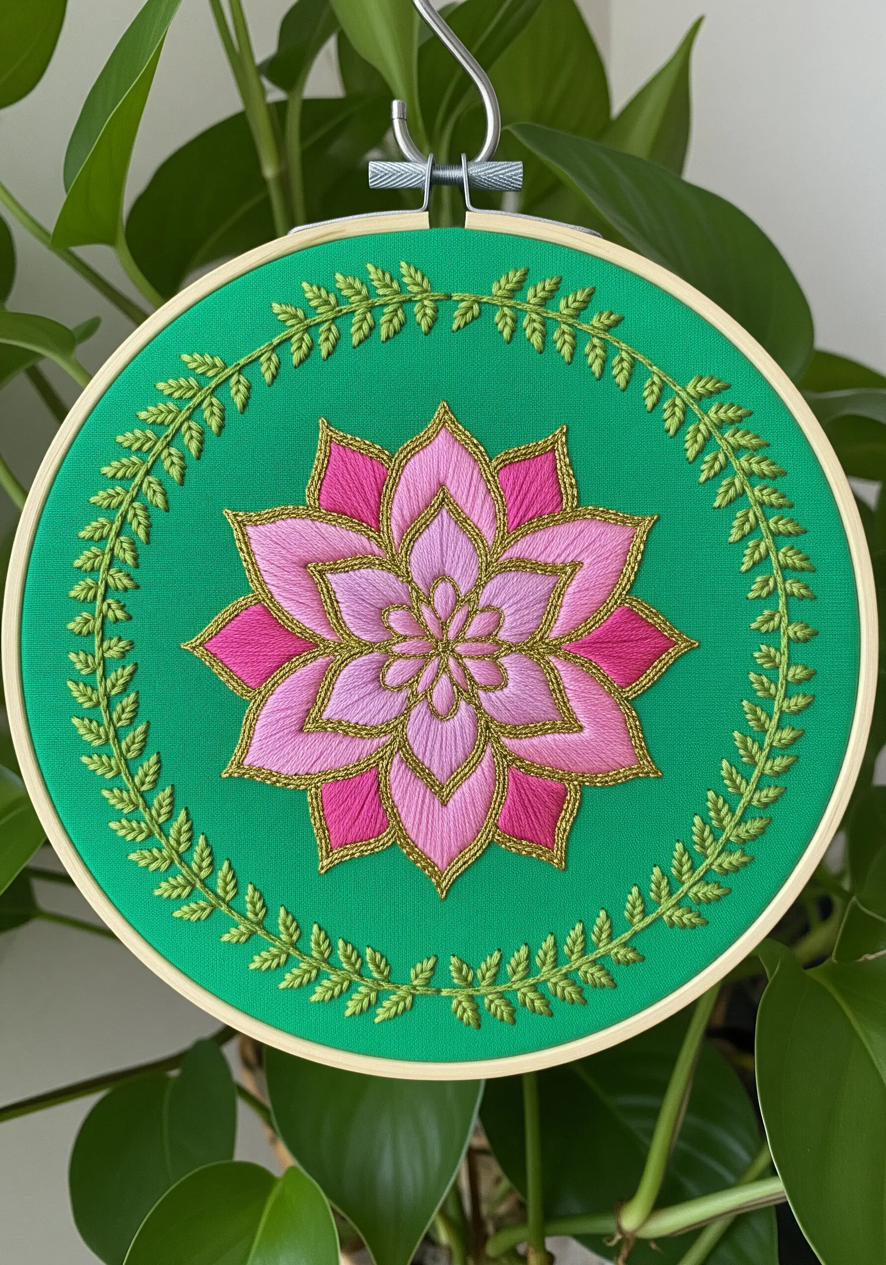 A pink floral mandala on green fabric, with each petal outlined in shiny gold thread.