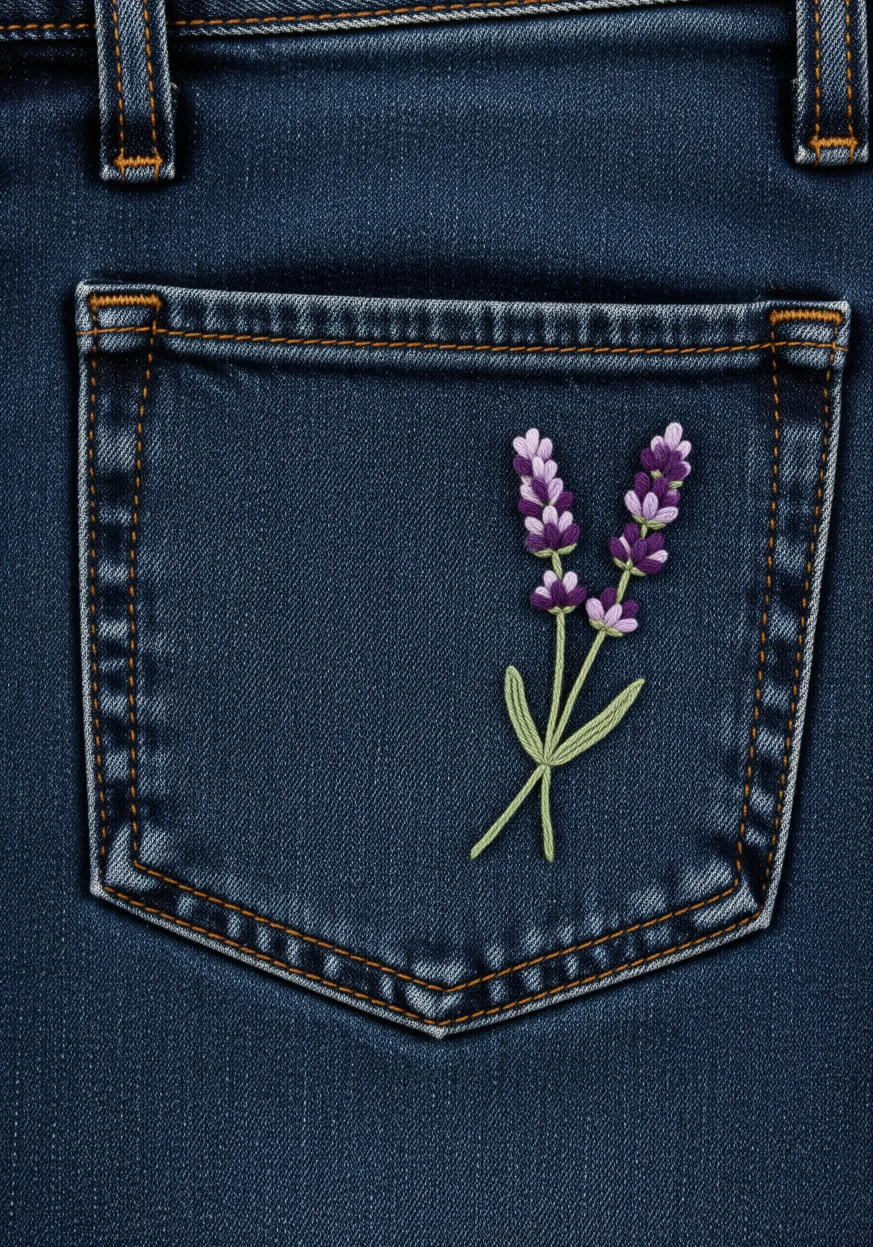 Two lavender sprigs with purple buds embroidered on a dark denim back pocket.