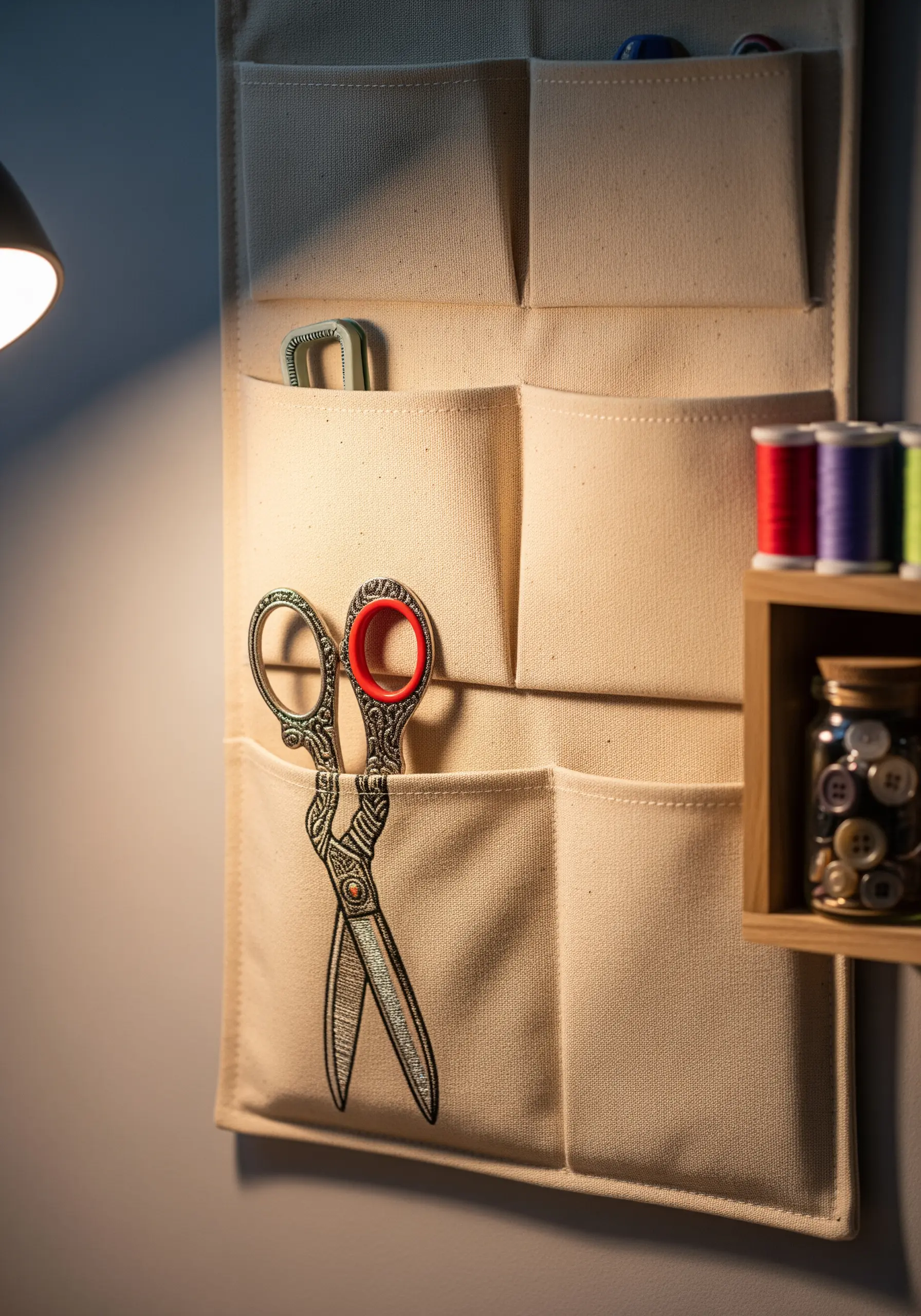 A realistic pair of scissors embroidered onto the pocket of a canvas wall organizer.