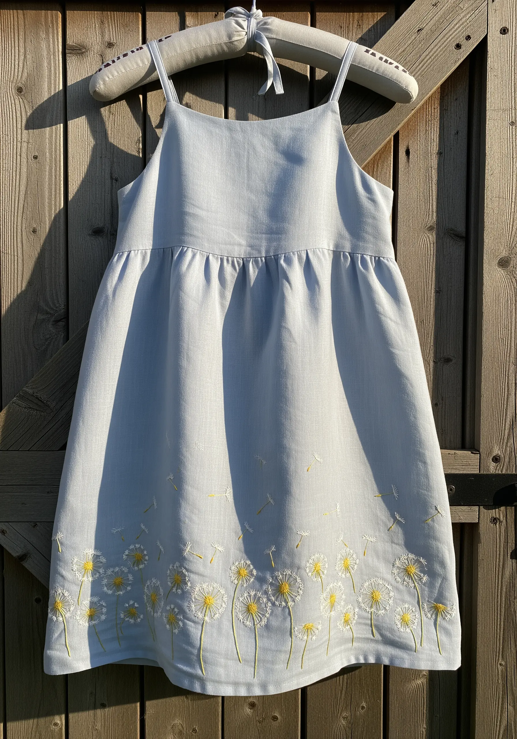 A row of embroidered dandelions along the hem of a light blue dress.