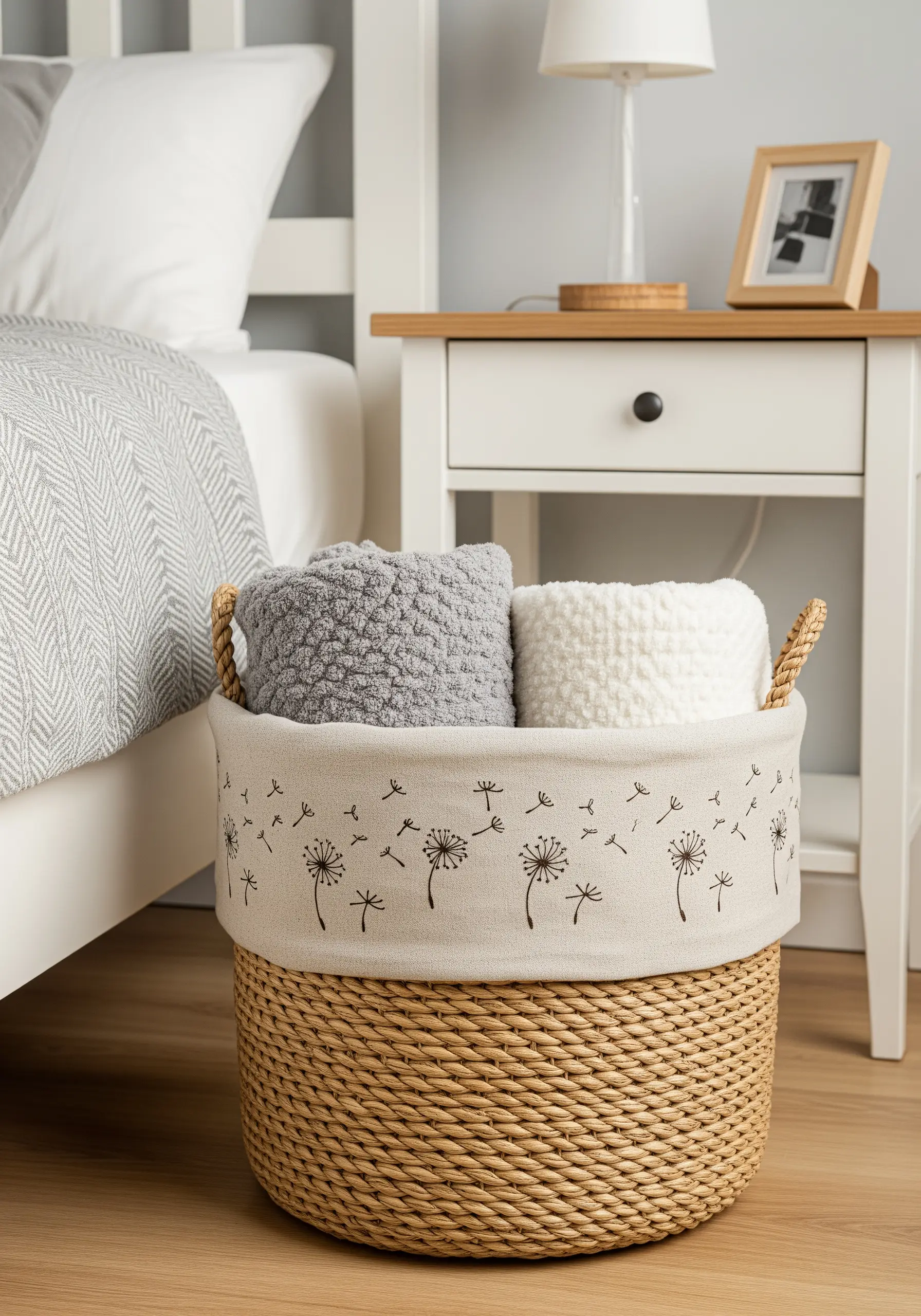 A woven storage basket with a linen cuff embroidered with delicate dandelion seed heads.