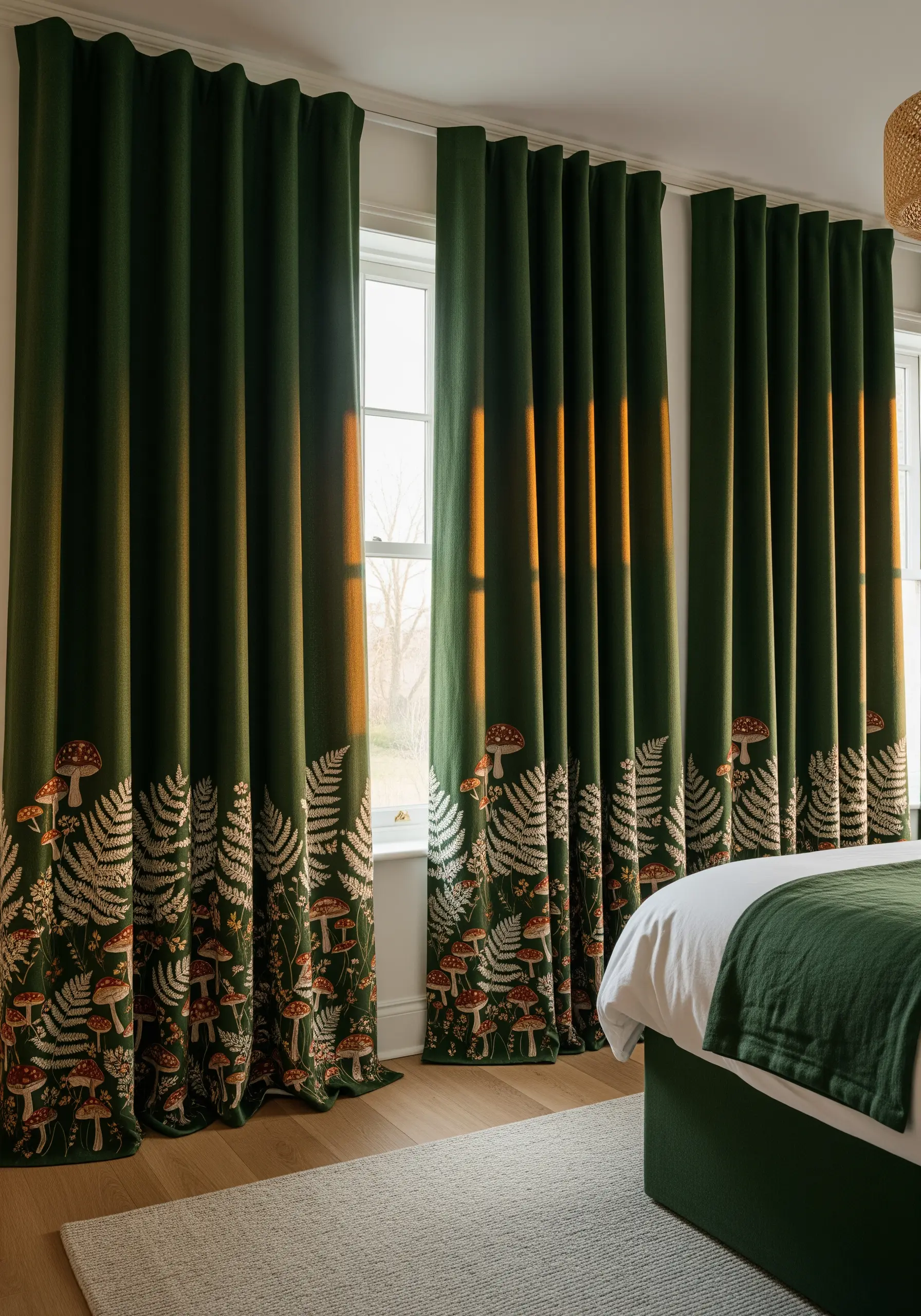 Dark green curtains with an intricate embroidered border of ferns and mushrooms along the bottom.