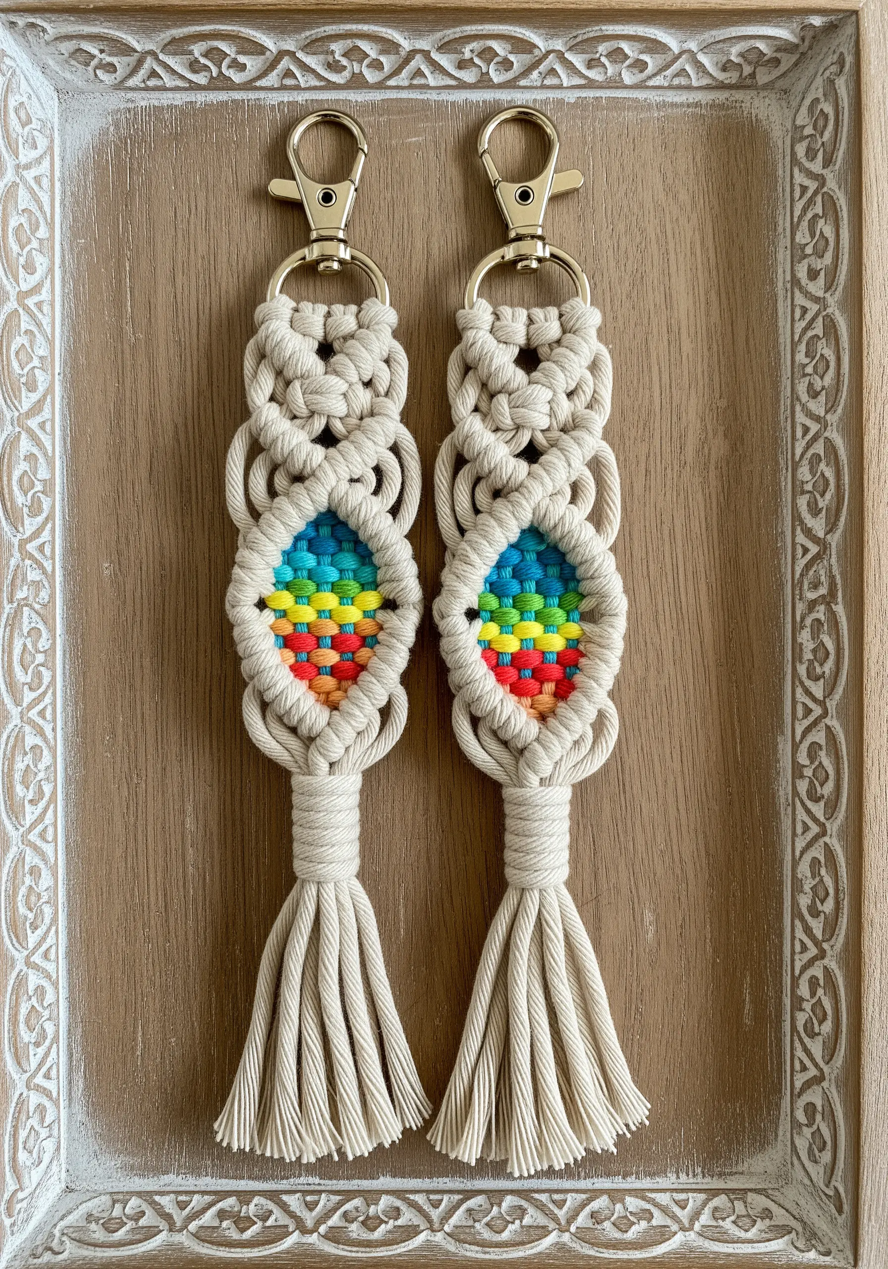Two macrame keychains, each with a central woven diamond pattern in bright rainbow colors.