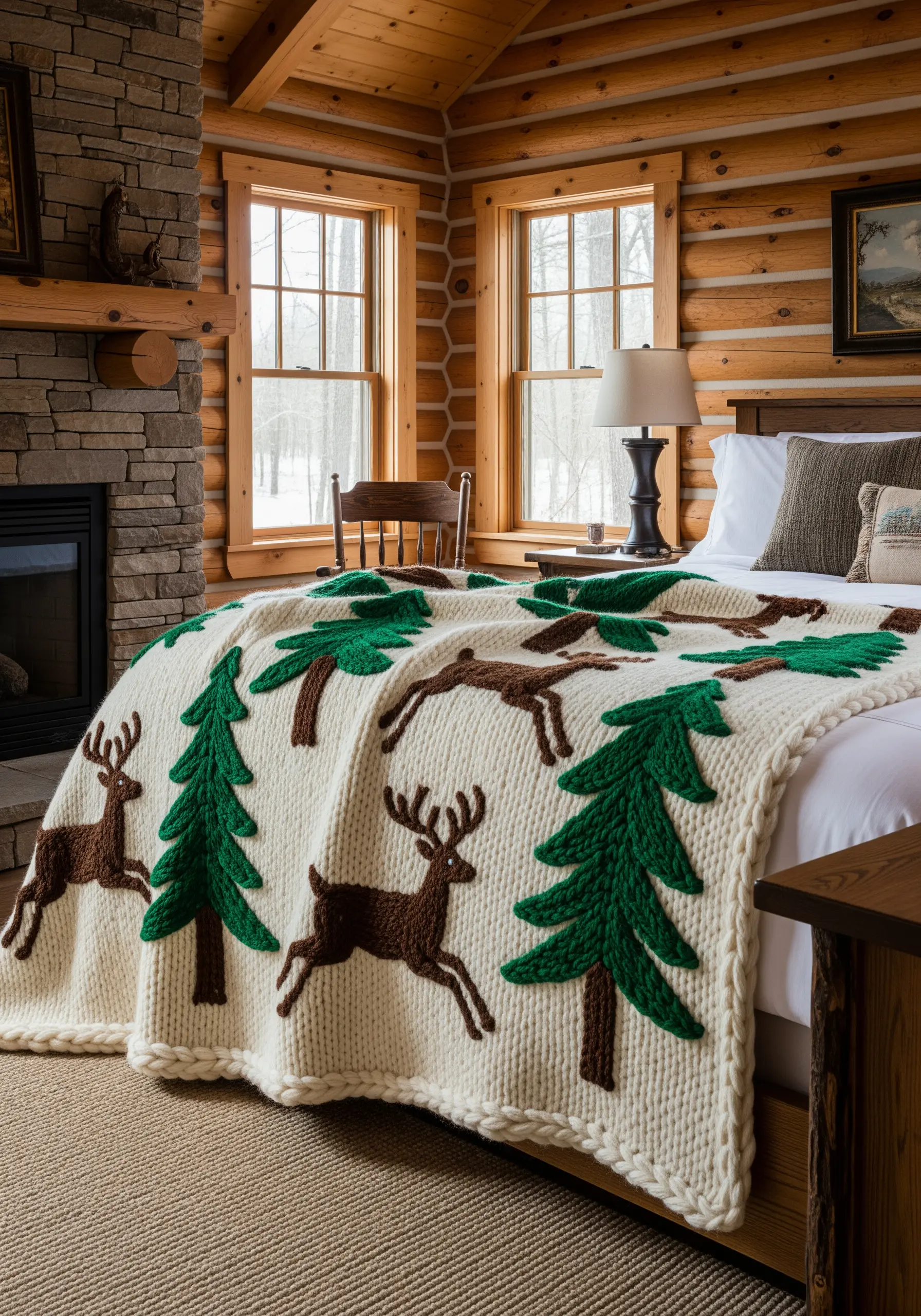 A chunky cream knit blanket with dark brown deer and green pine tree appliqués made from yarn.