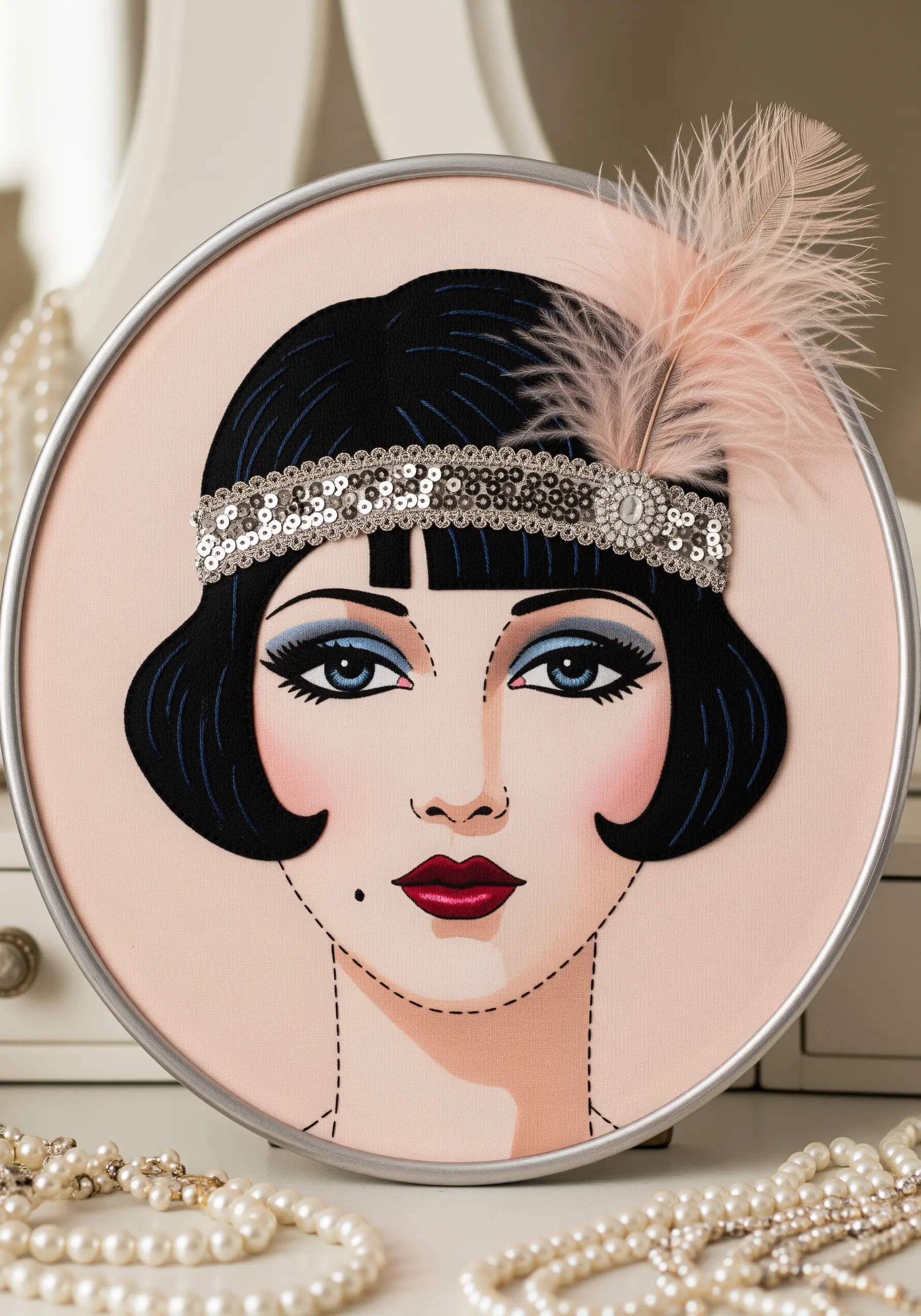 1920s flapper portrait in a hoop, featuring a real sequin headband and a pink feather.