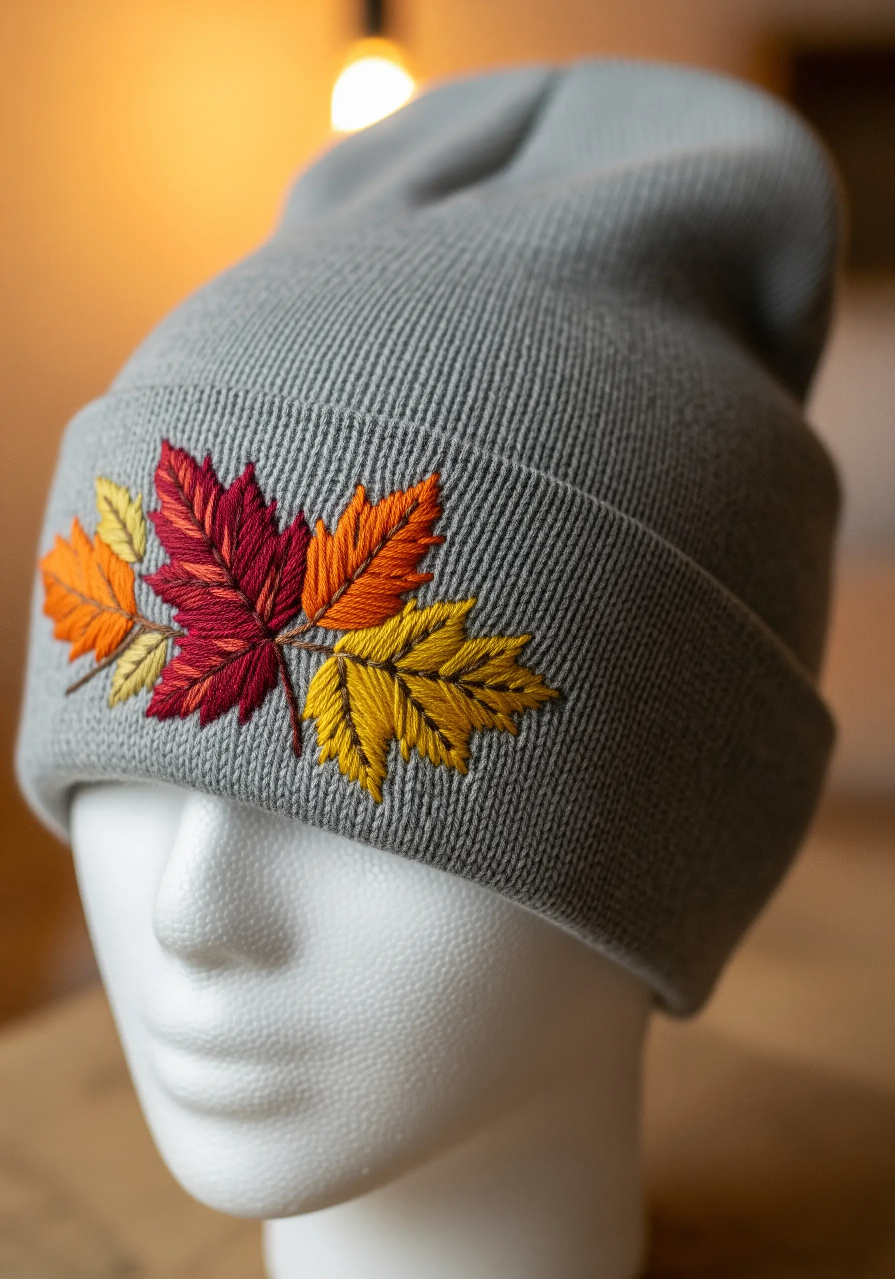 A grey knit beanie with a cluster of embroidered autumn maple leaves in red, orange, and yellow.