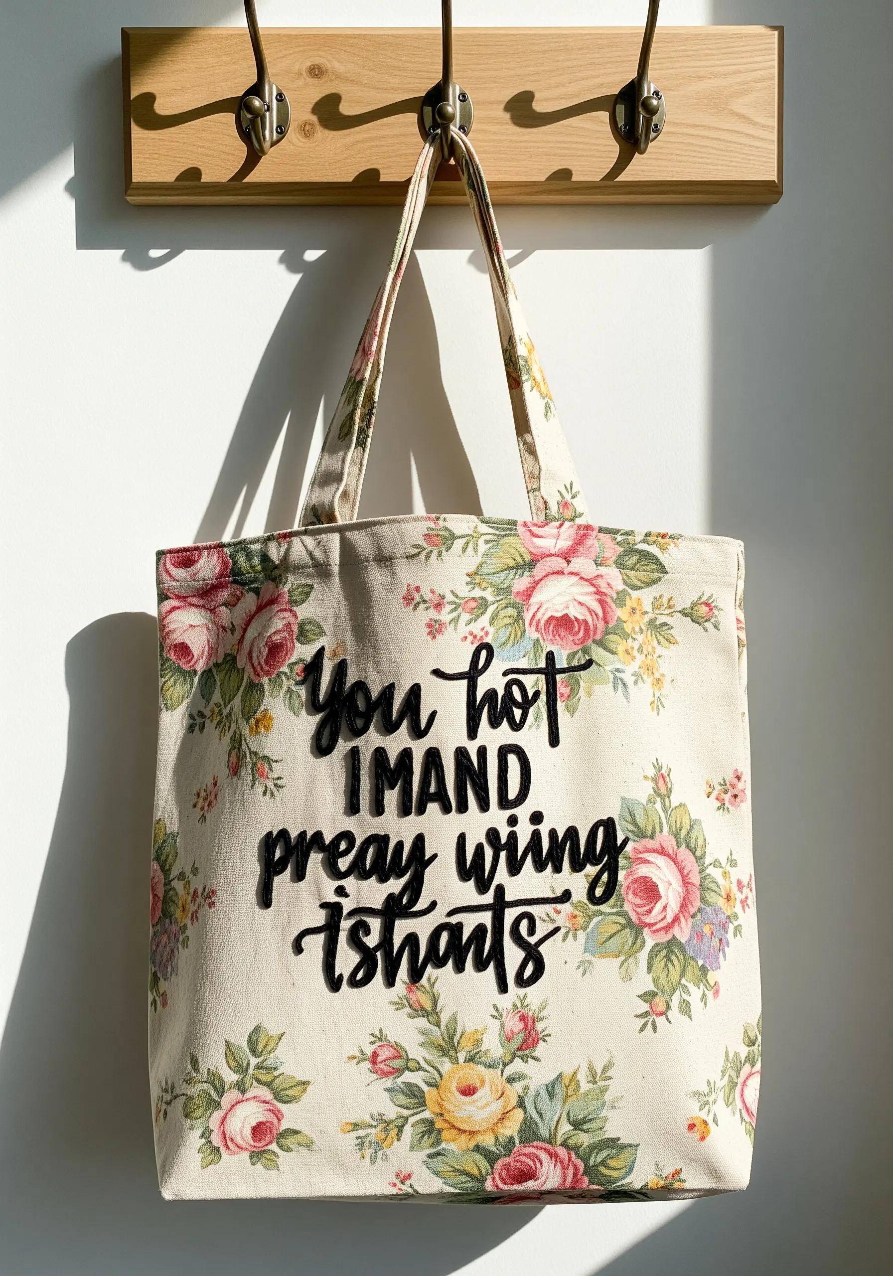 Floral tote bag with bold, black appliqué letters stitched over the pattern.