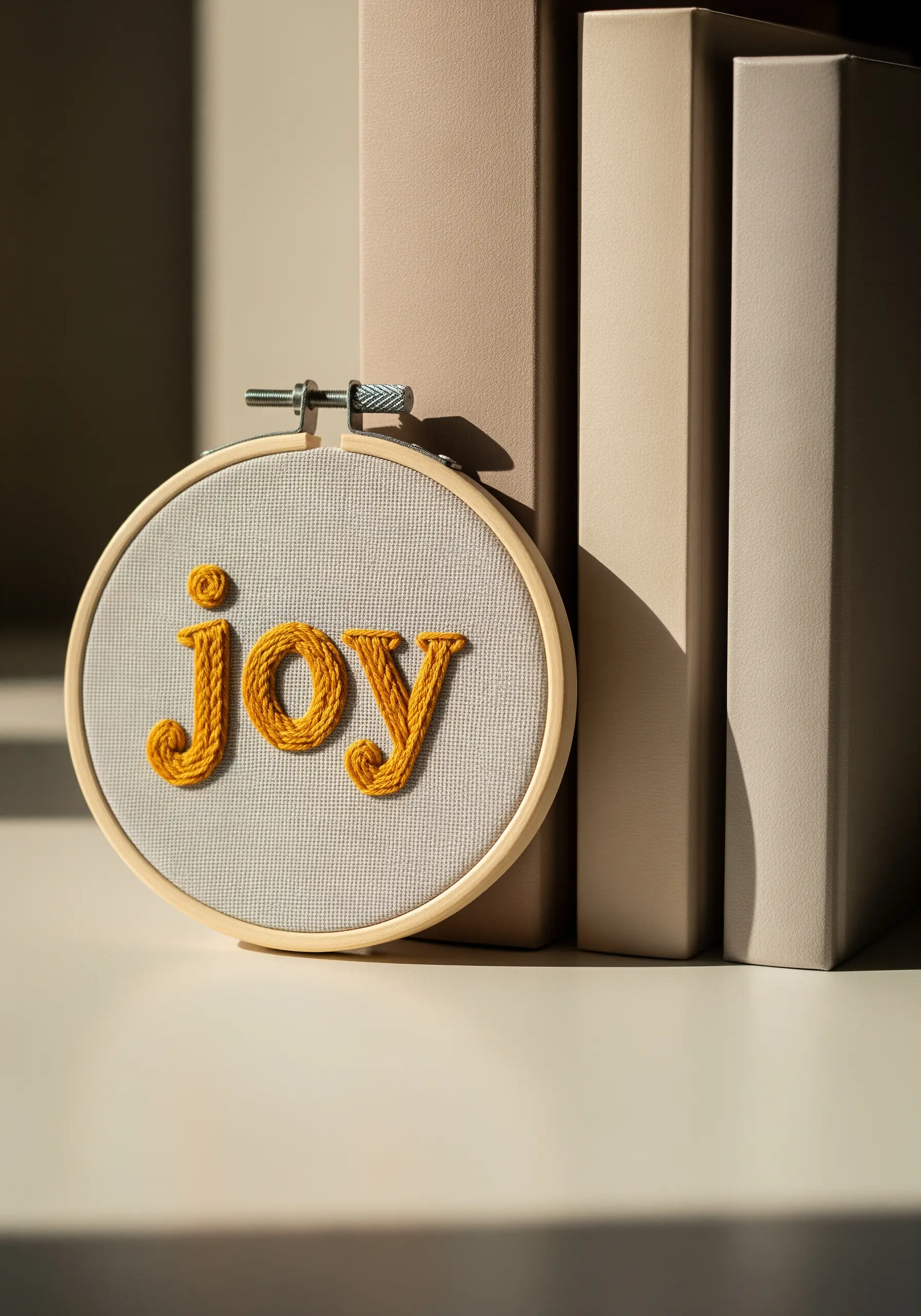The word 'joy' in thick, textured yellow chain stitch.