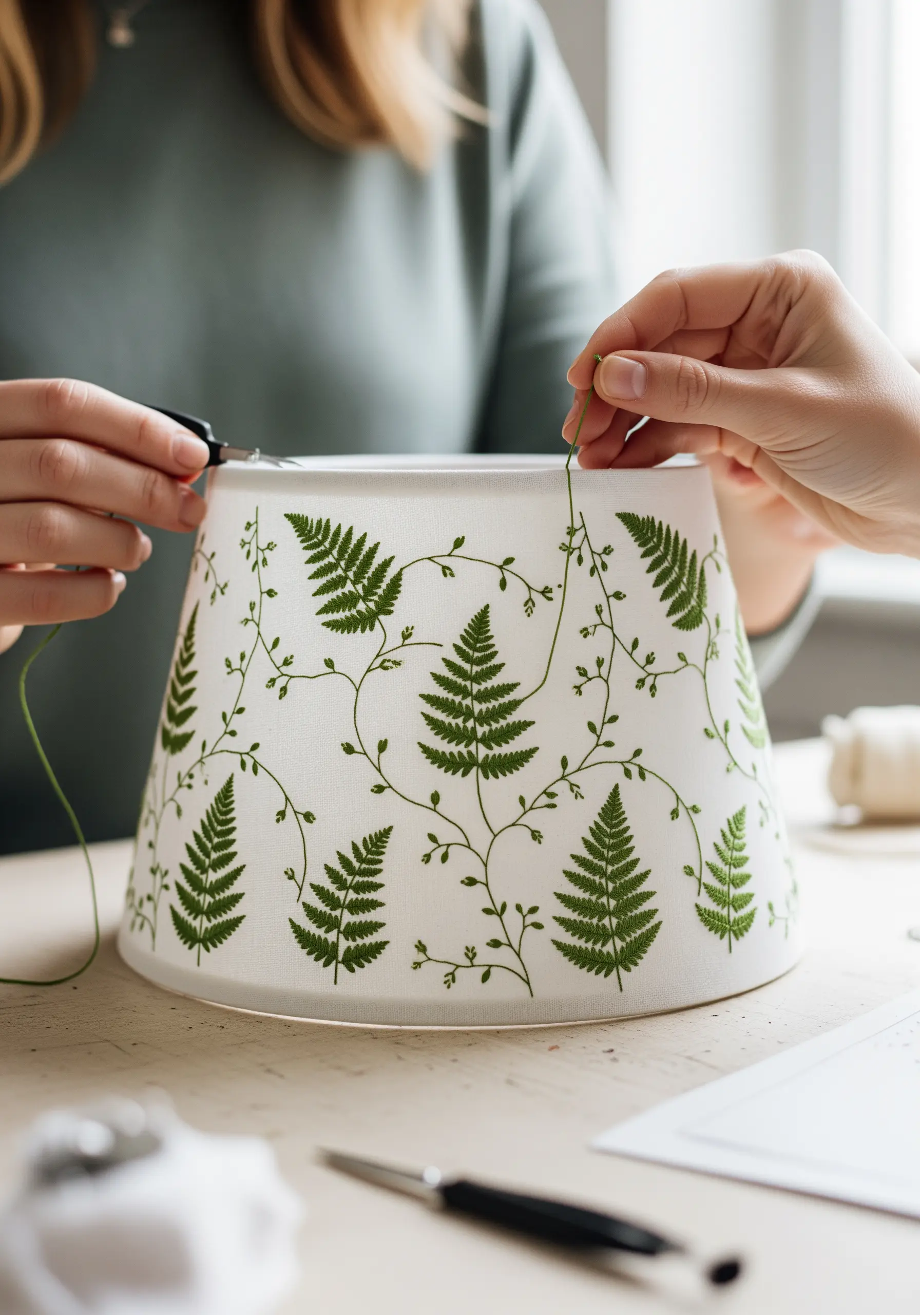 Two people embroidering a delicate green fern pattern onto a white fabric lampshade