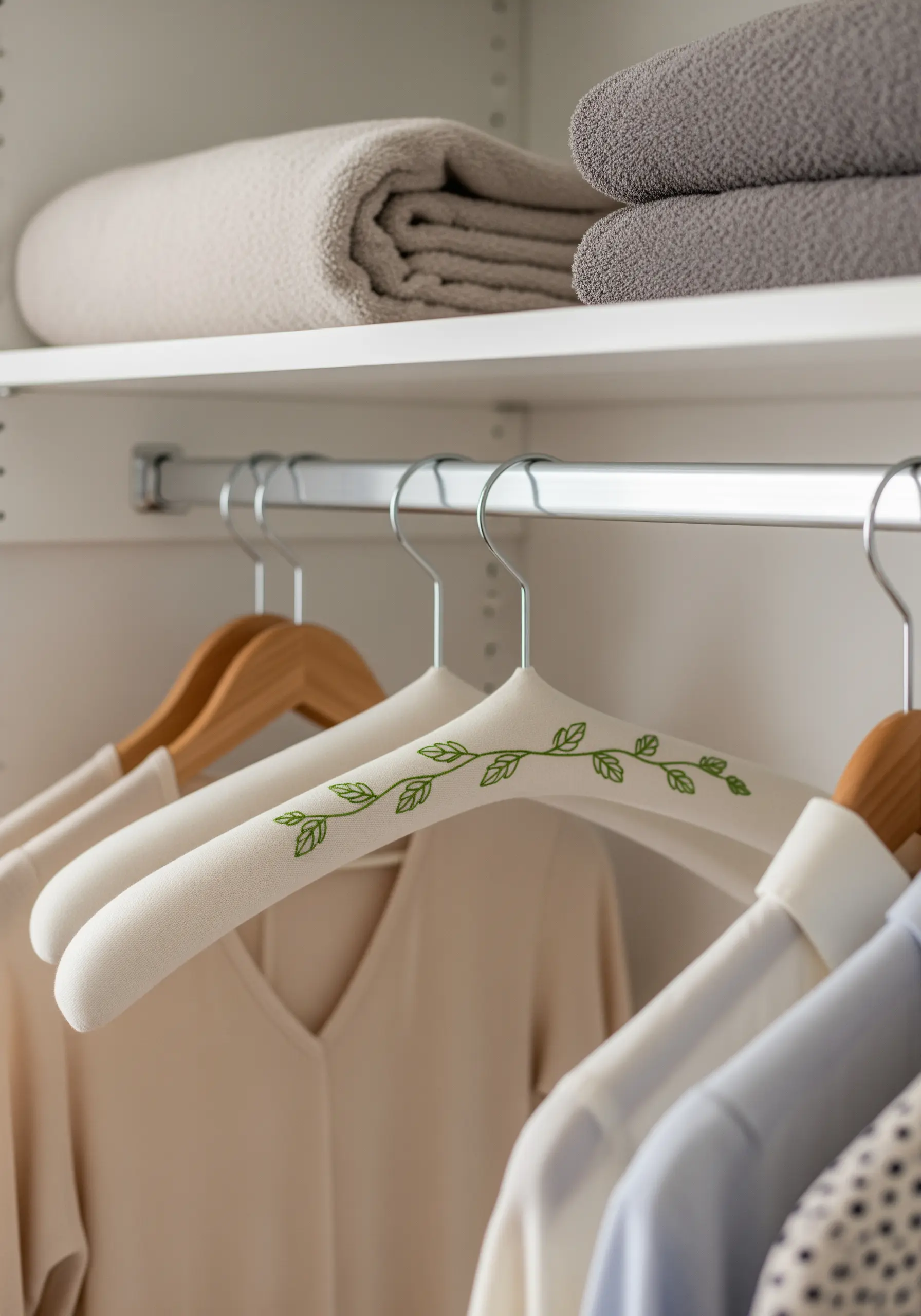 A simple green vine and leaf pattern embroidered along the top of a padded clothes hanger.