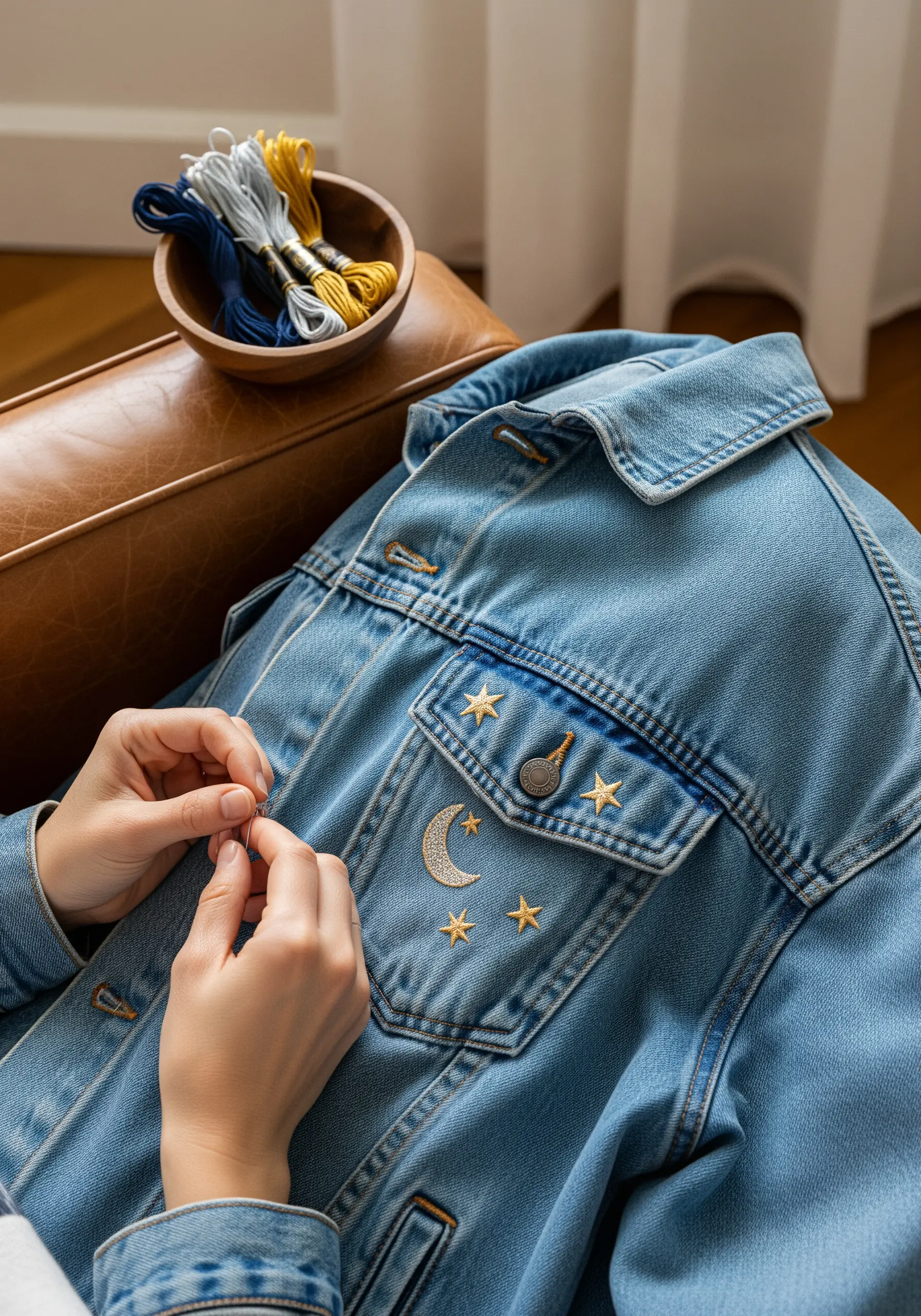 Celestial moon and stars motif embroidered on the pocket of a denim jacket