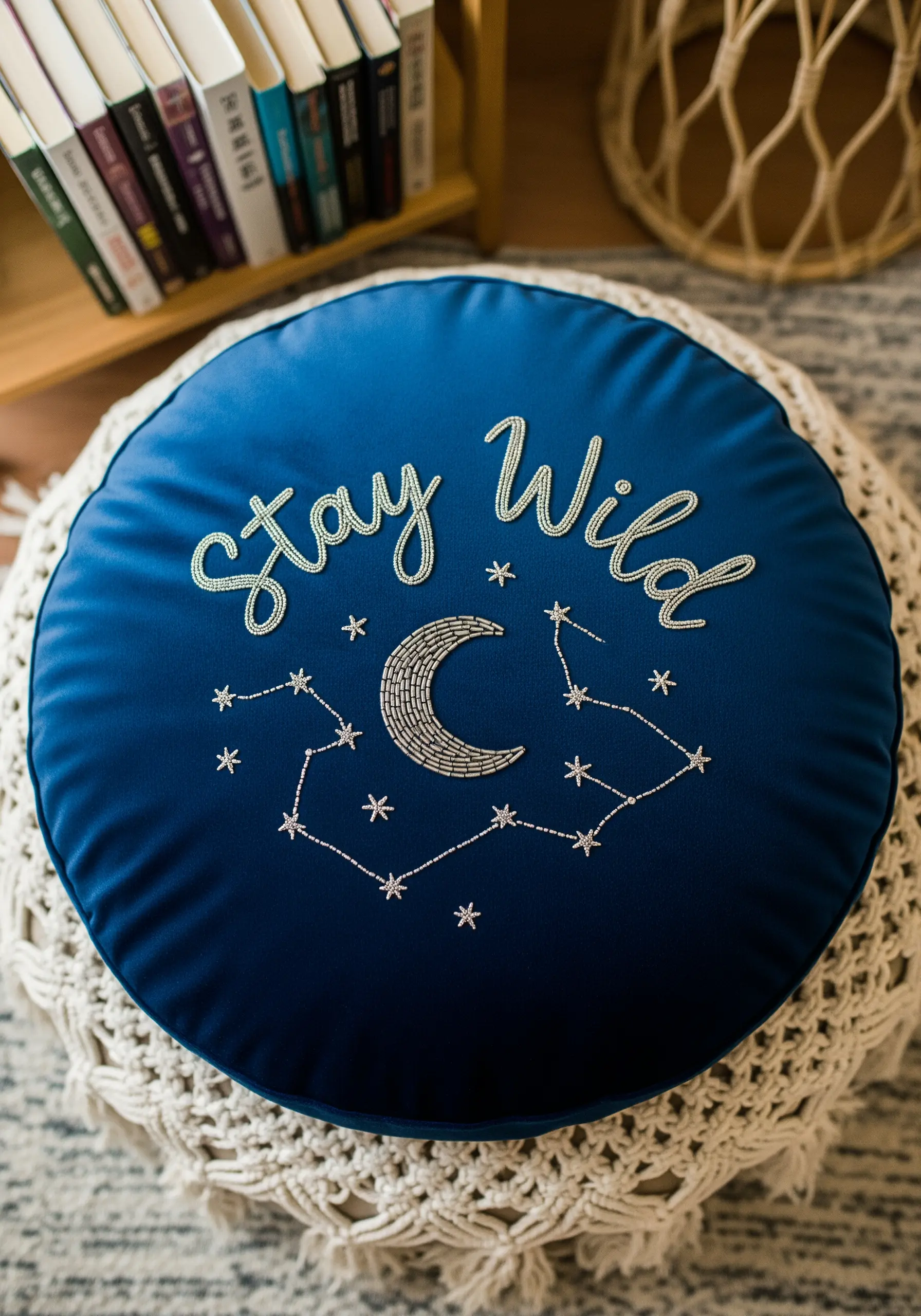 Beaded crescent moon and metallic thread lettering on a deep blue velvet cushion.