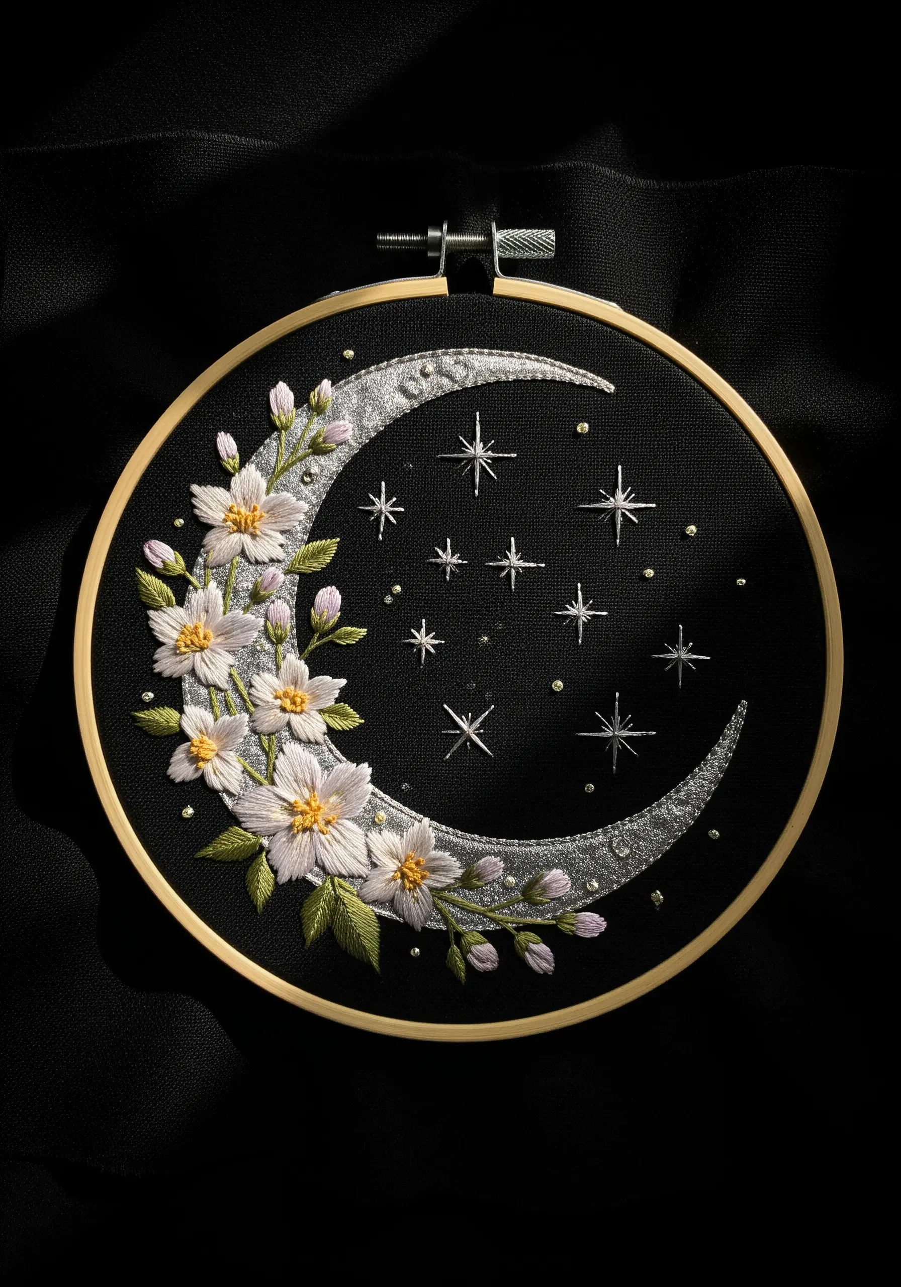 A crescent moon embroidered with silver thread and adorned with white flowers and stars on black fabric.