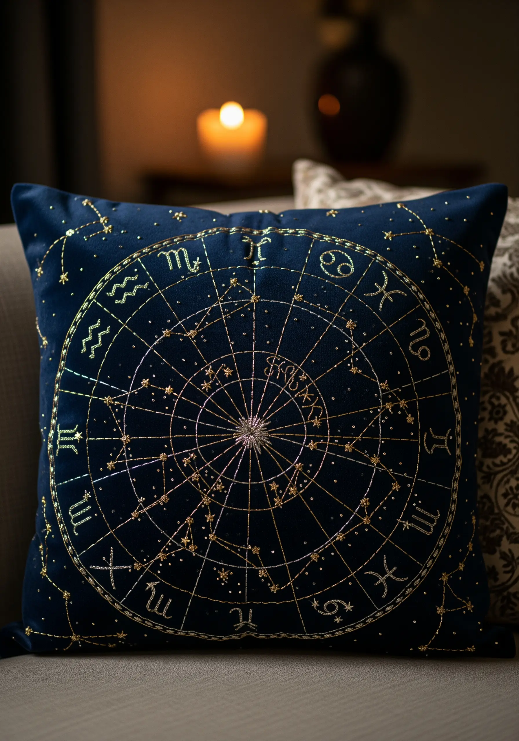 Gold metallic thread embroidery of a zodiac chart on a navy blue velvet cushion.
