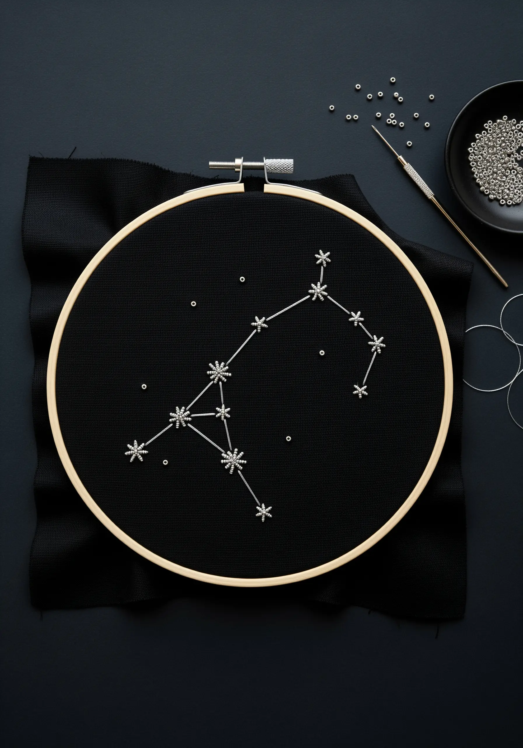 An embroidered constellation on black fabric, with tiny silver beads for stars.