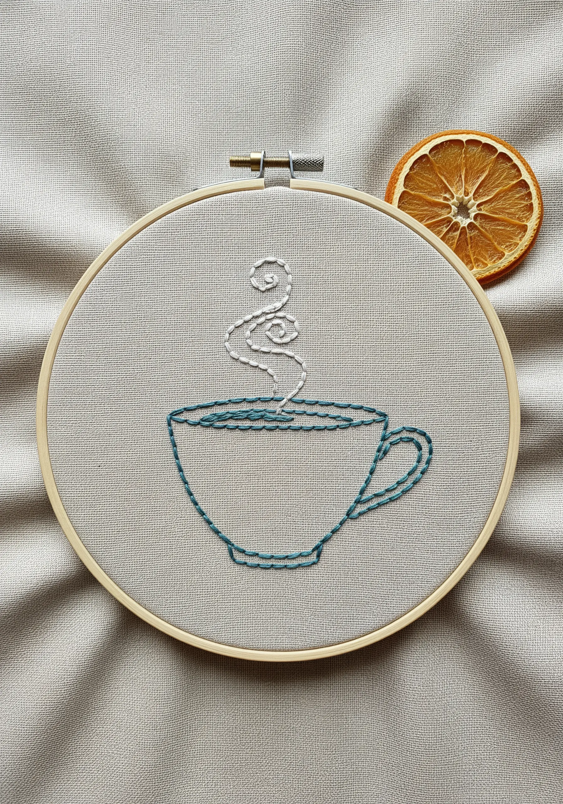 Minimalist line art embroidery of a steaming coffee cup in a hoop.