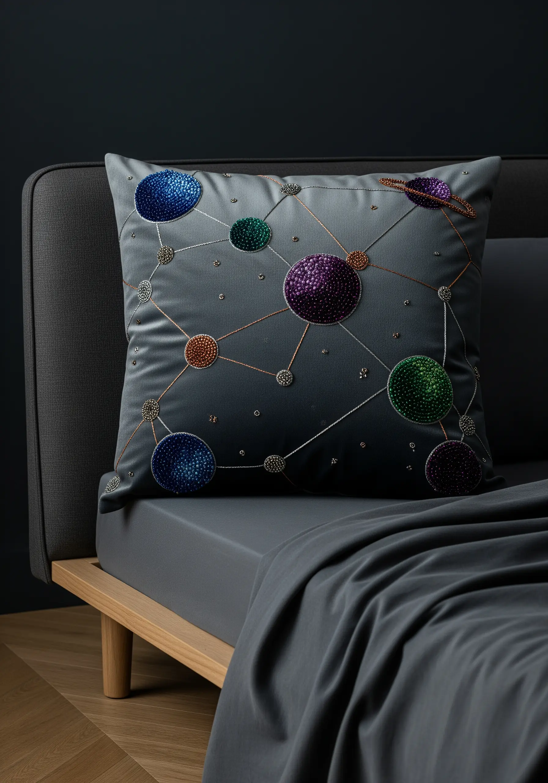 A grey satin pillow with planets made of colorful beads and connected by stitched lines.