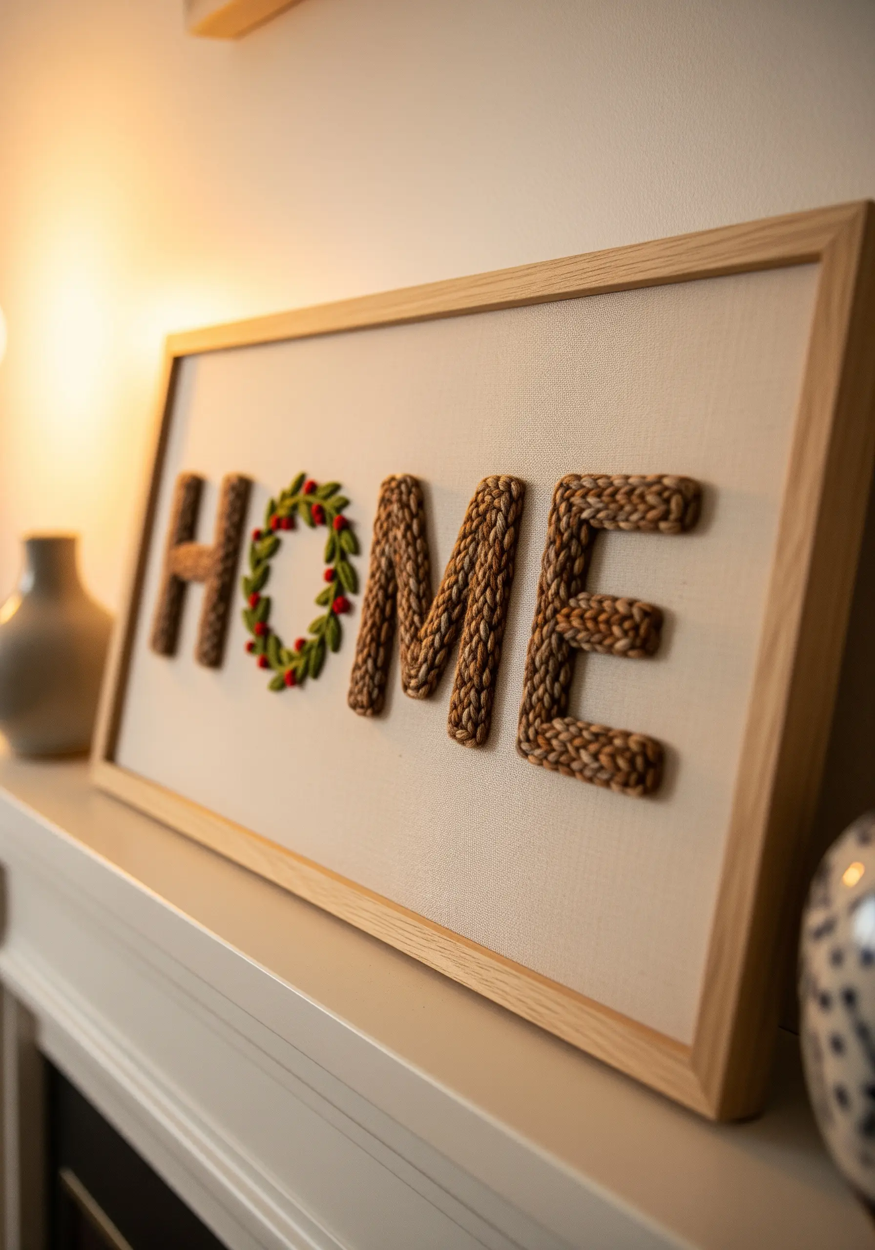 The word “HOME” with letters made of braided brown yarn and a wreath for the “O”.