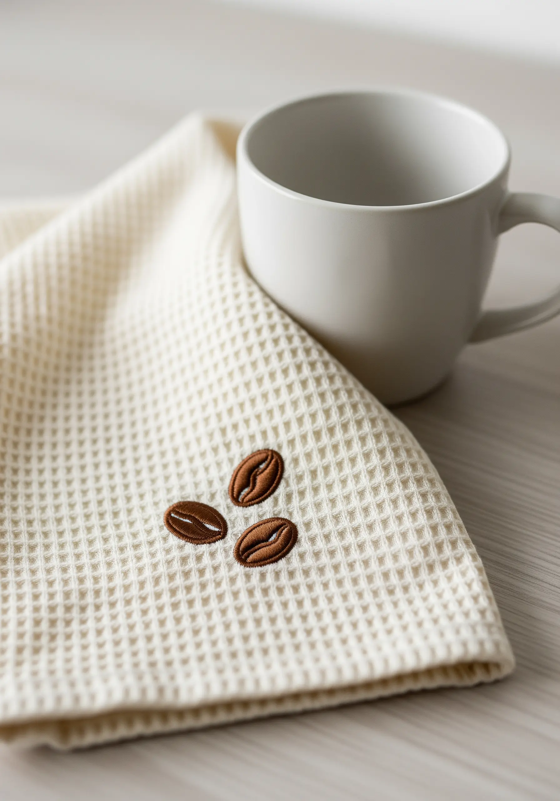 Three realistically embroidered coffee beans with highlights on a cream waffle-weave towel.