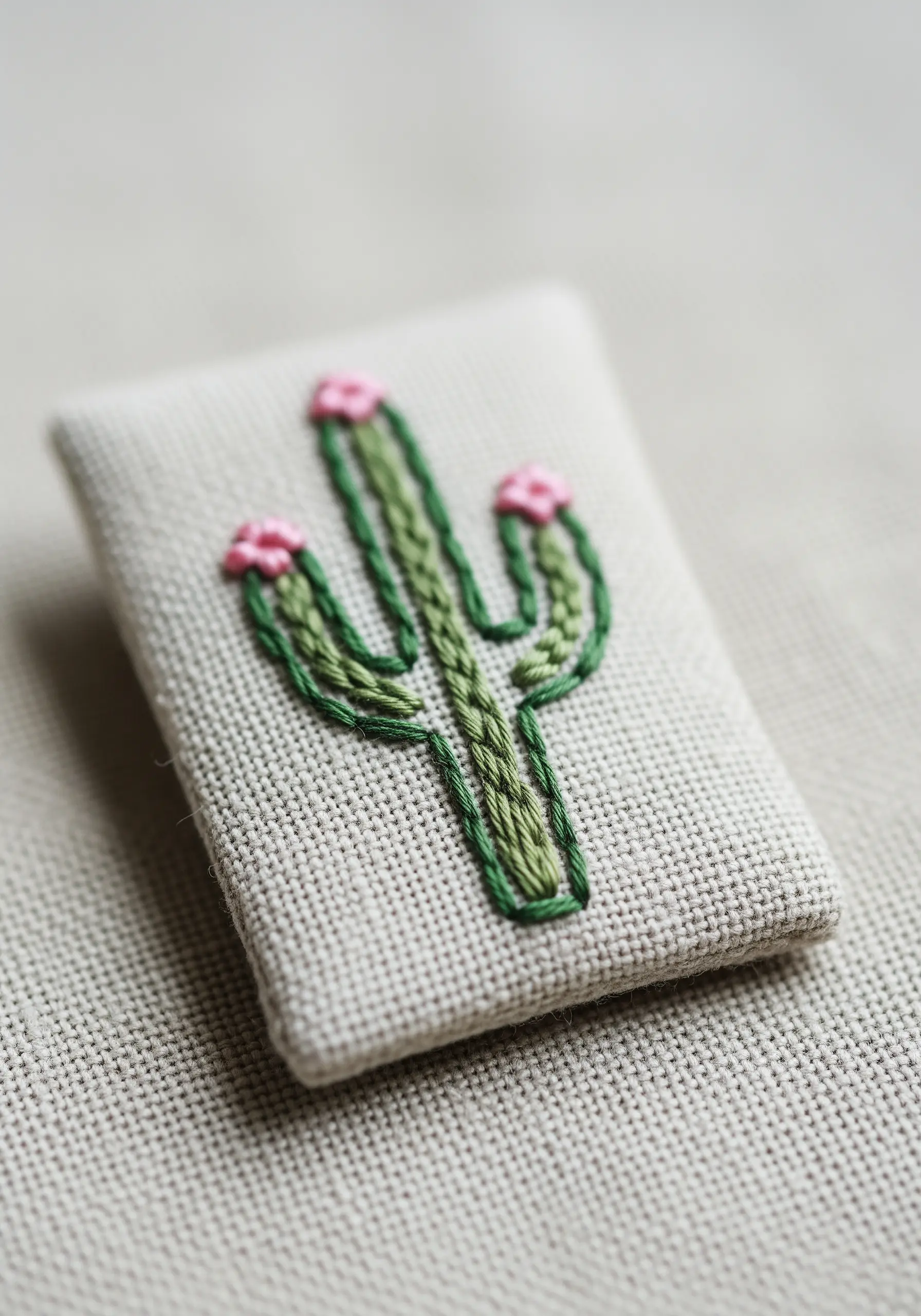 An embroidered cactus with two shades of green and tiny pink flowers on a linen brooch.
