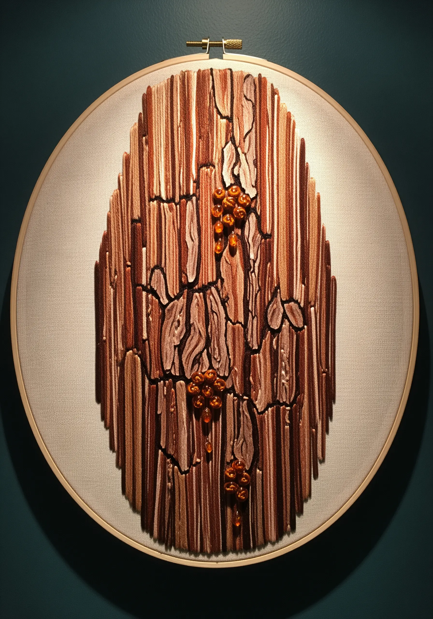 Embroidery of reddish-brown bark with deep cracks and amber bead embellishments for sap.