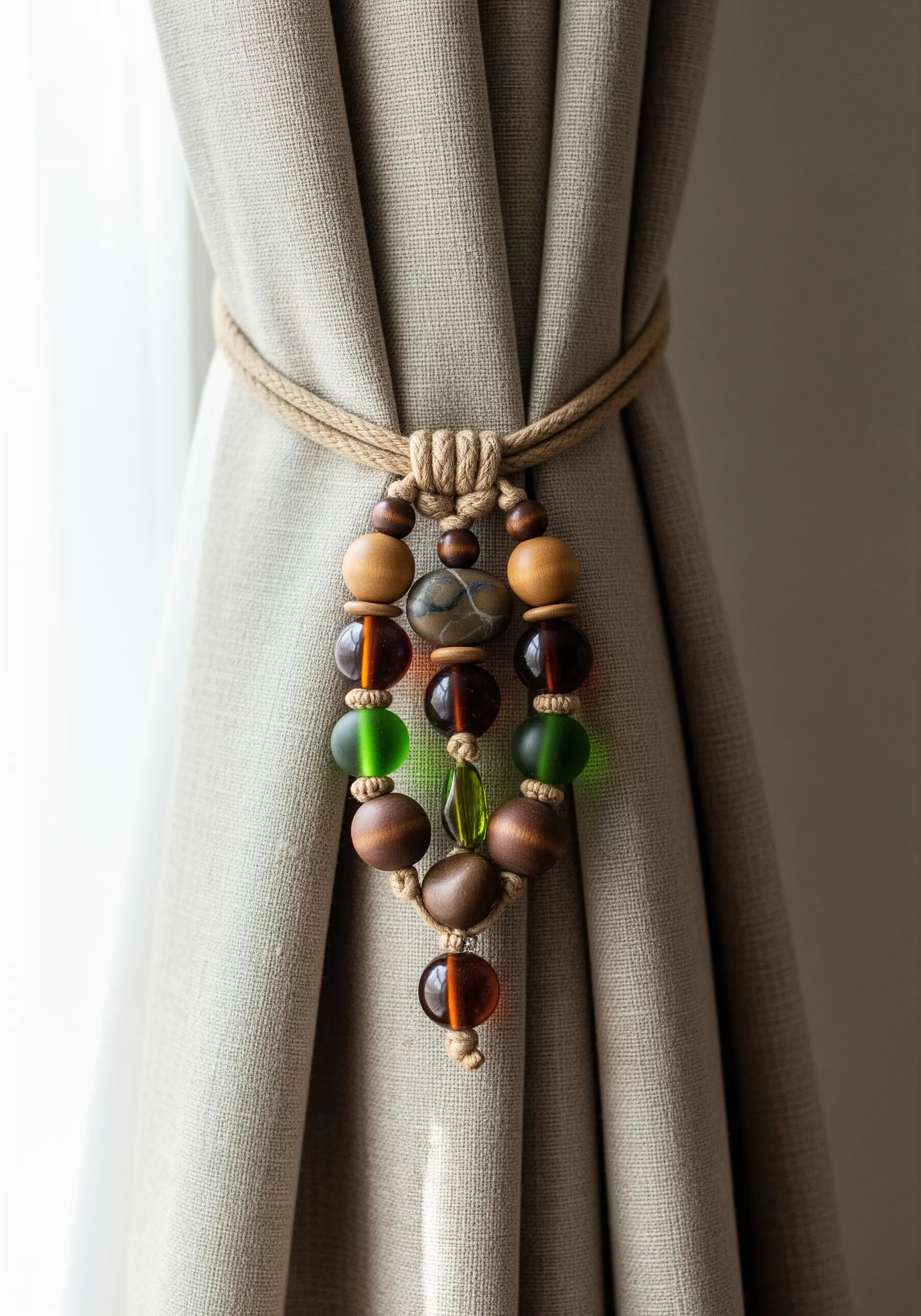 A curtain tie-back made of jute rope, wooden beads, and glass beads.