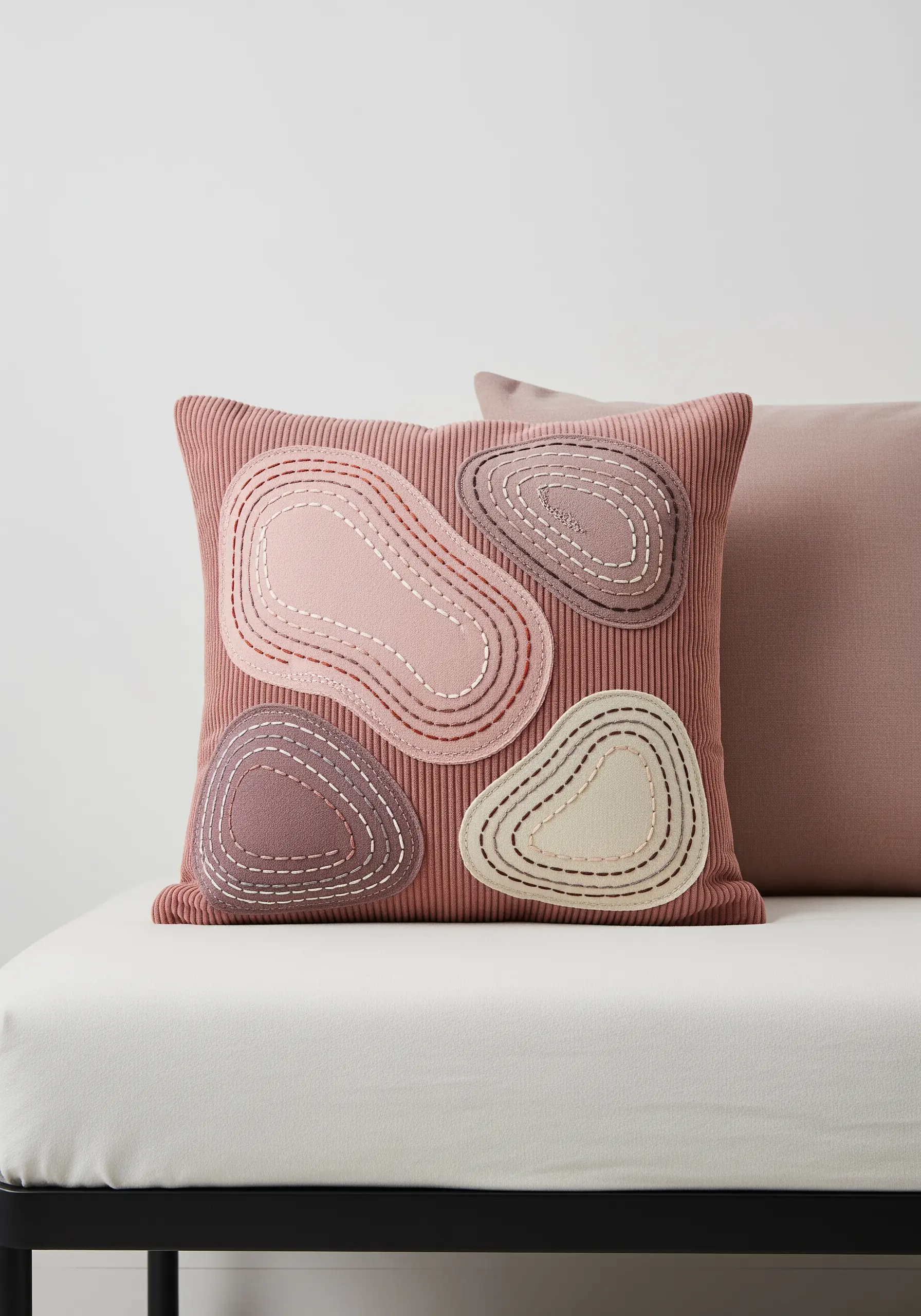 Appliqué shapes on a pink corduroy pillow detailed with concentric lines of running stitch.
