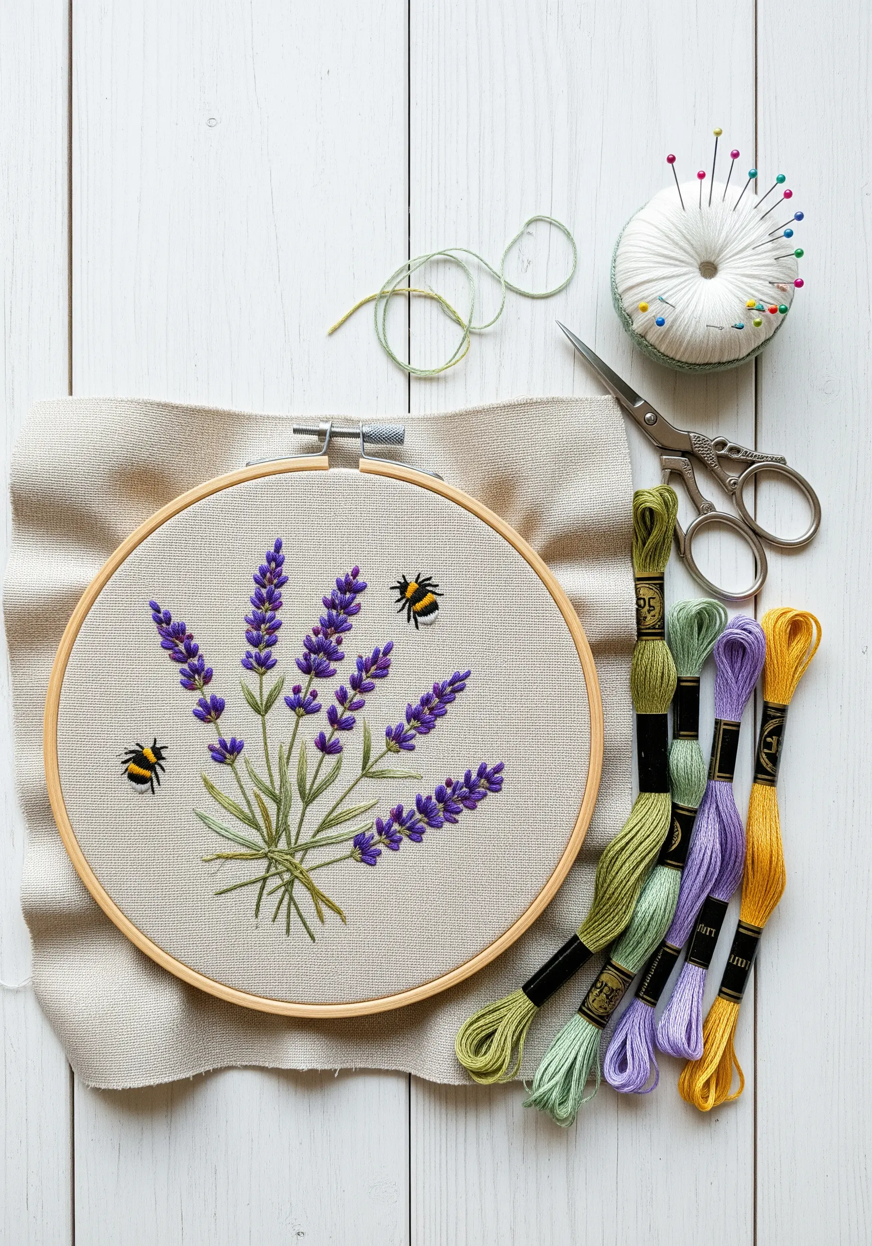 Embroidery hoop with lavender sprigs and bees stitched on neutral linen fabric.