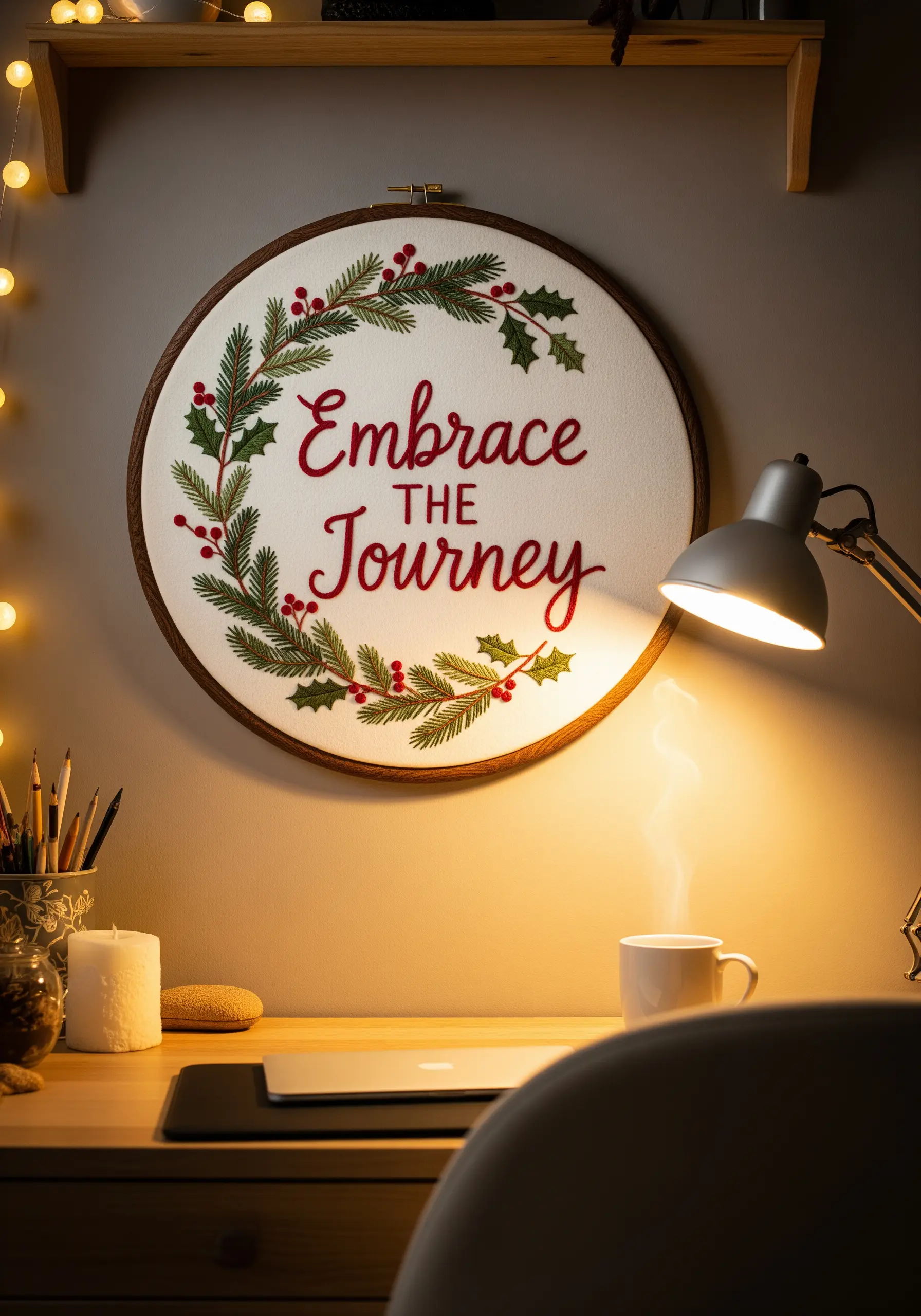 Festive embroidery hoop with a holly and pine wreath and red cursive lettering.