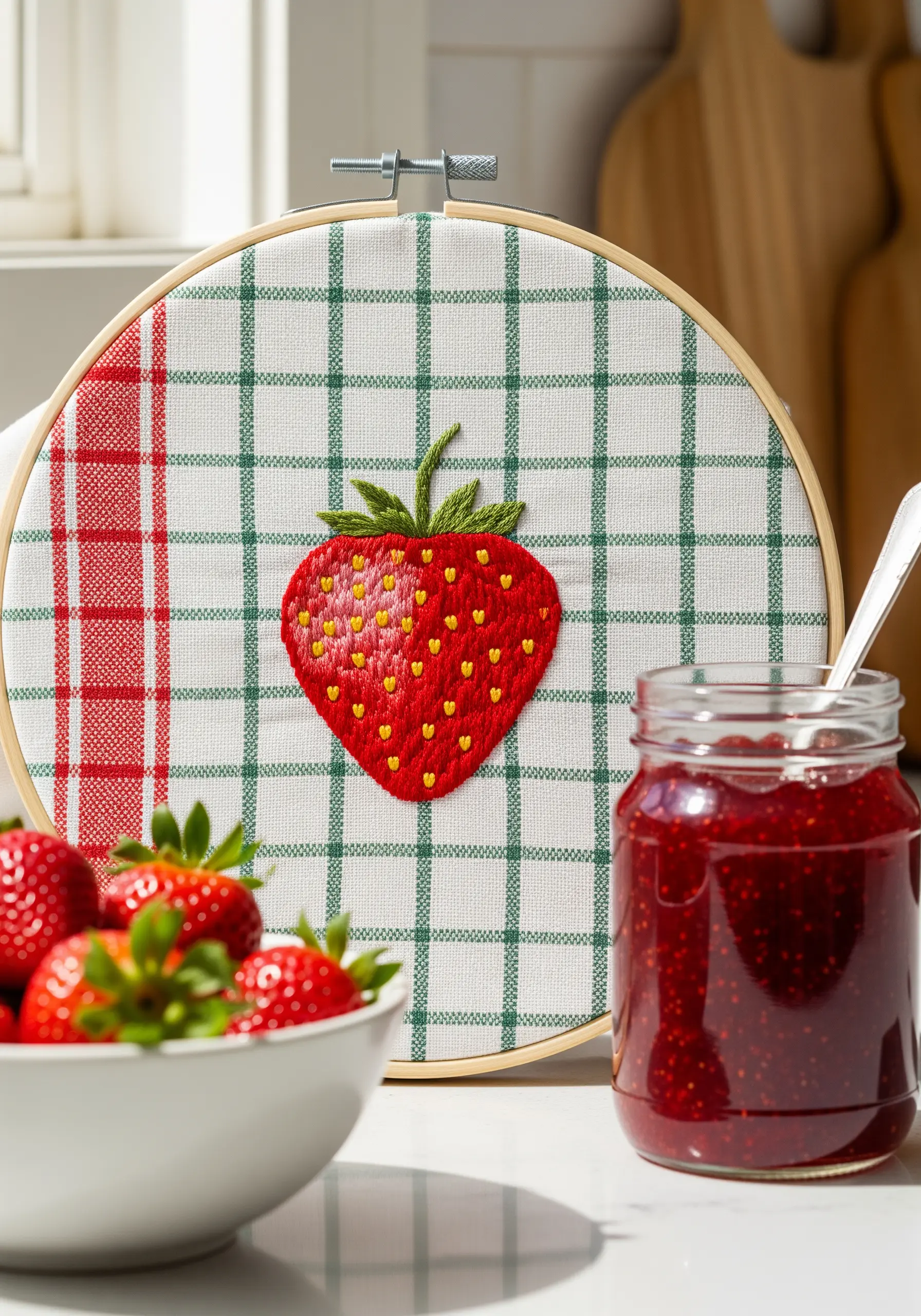 Plump embroidered strawberry with padded satin stitch on a green and white checkered tea towel.